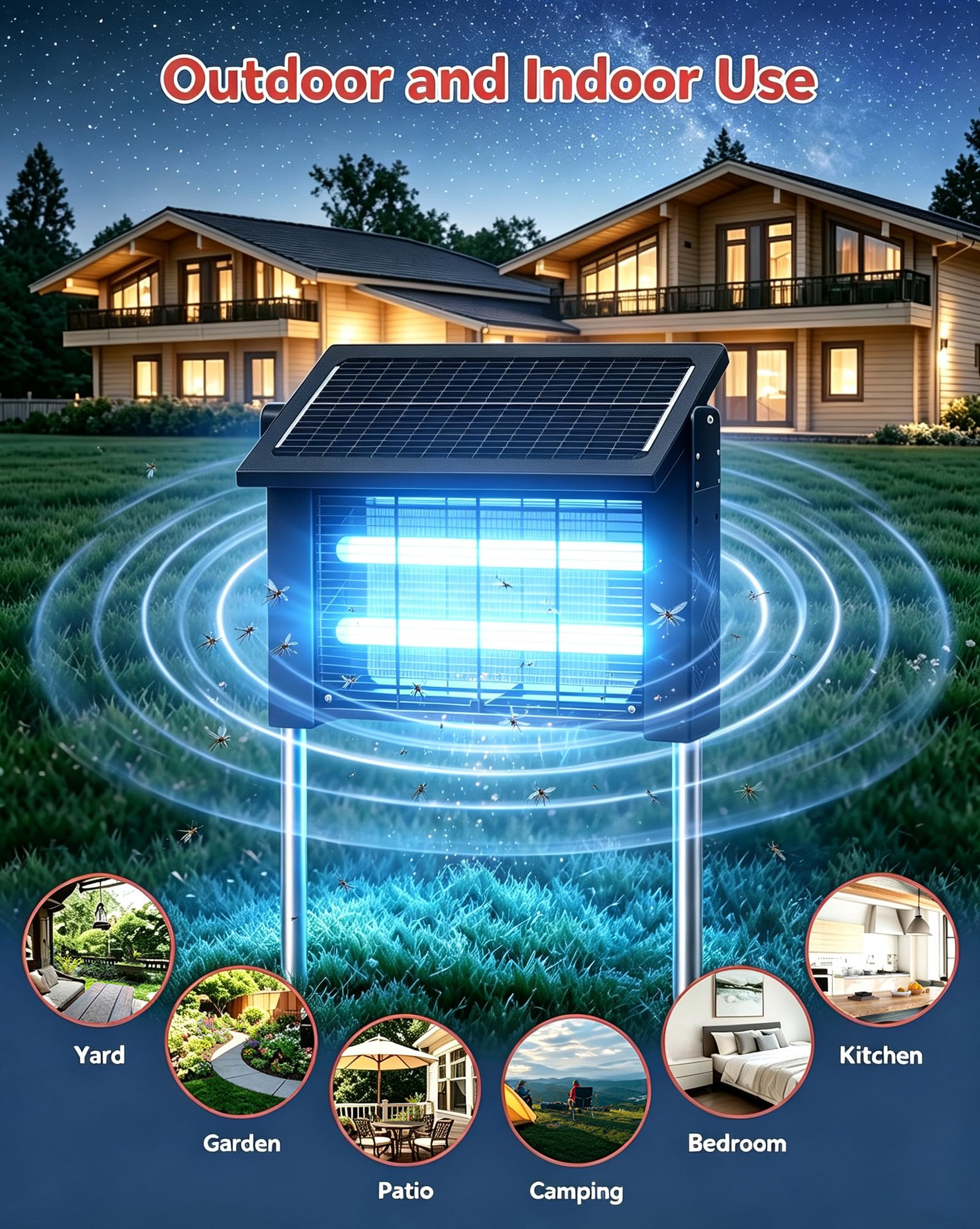 LANGY Exterminador solar de insectos de 10 W para exteriores, 4500 V, para exteriores, impermeable, con UV 365 nm, batería de 5 Ah, cable de 16.4 pies y cepillo, trampa inalámbrica recargable para