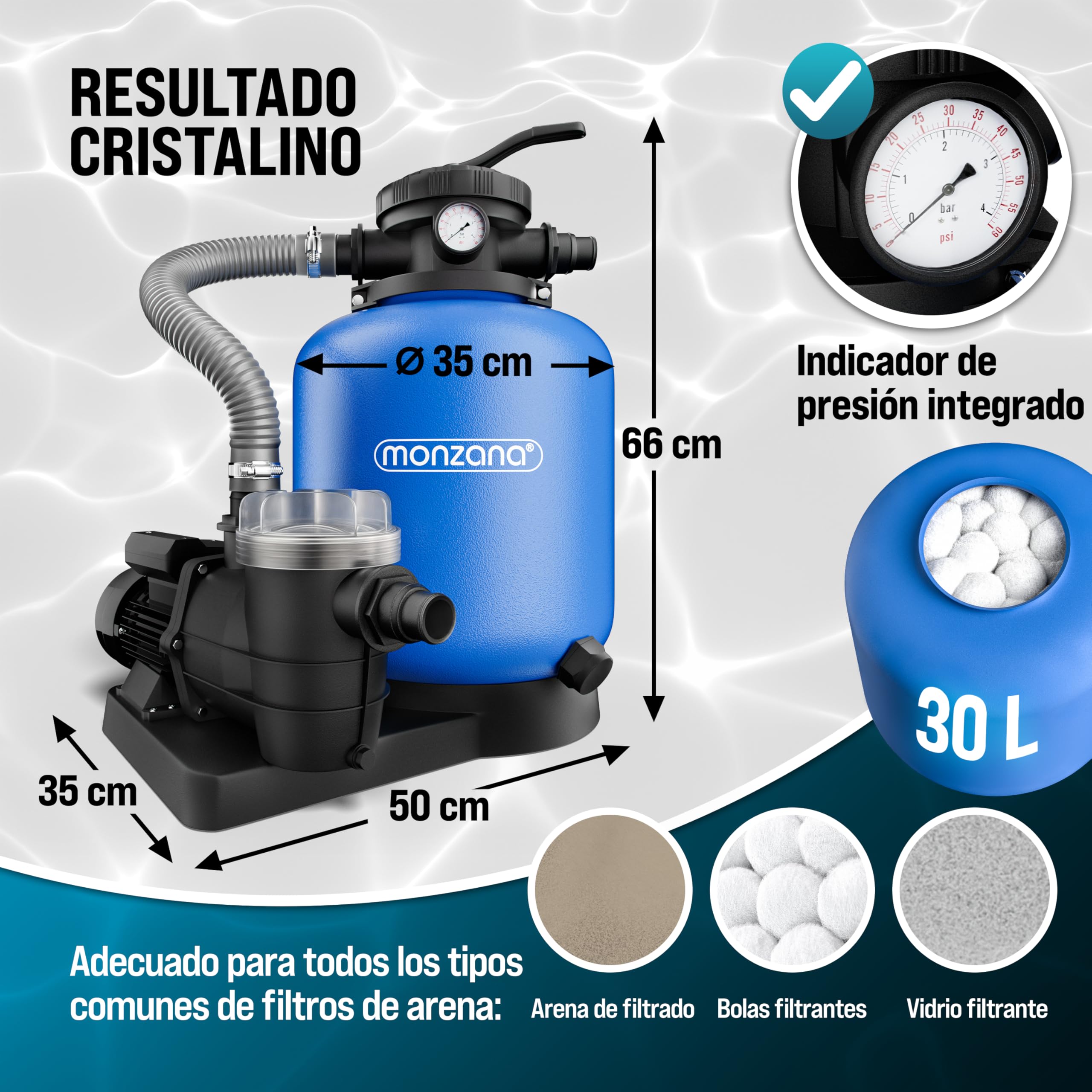 Monzana® Depuradora Piscina 13.200L/h Filtro de Arena hasta 58.000L Incl. Bolas Filtrantes Válvula 7 Funciones Filtrado 600W Adaptador Ø32-38mm Bomba Indicador de Presión