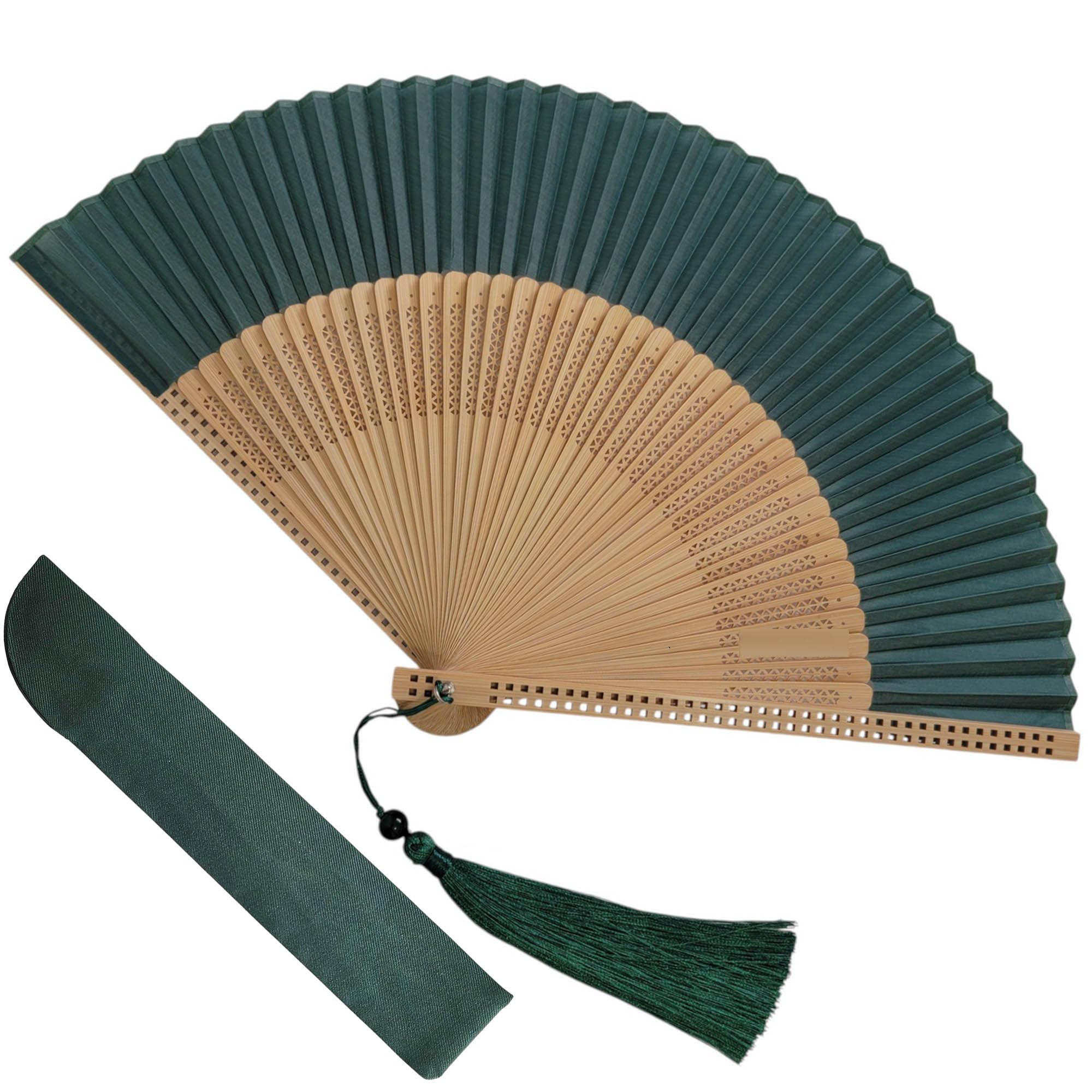 GFM® Bamboo Silk Handheld Folding Chinese Hand Fans Wood Wooden Fan for Summer, Wedding, Party Favour etc (MR-C) (F78-Green-Long Tassel)(FLSLK-F78-GHR-TR-hr) — image 1