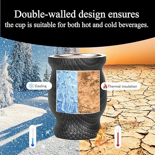 Miniatura 5 de YTCYKJ Juego de 2 tazas de té de calabaza y bombilla de yerba mate, de acero inoxidable, doble pared, textura de fibra de carbono, con pajitas de