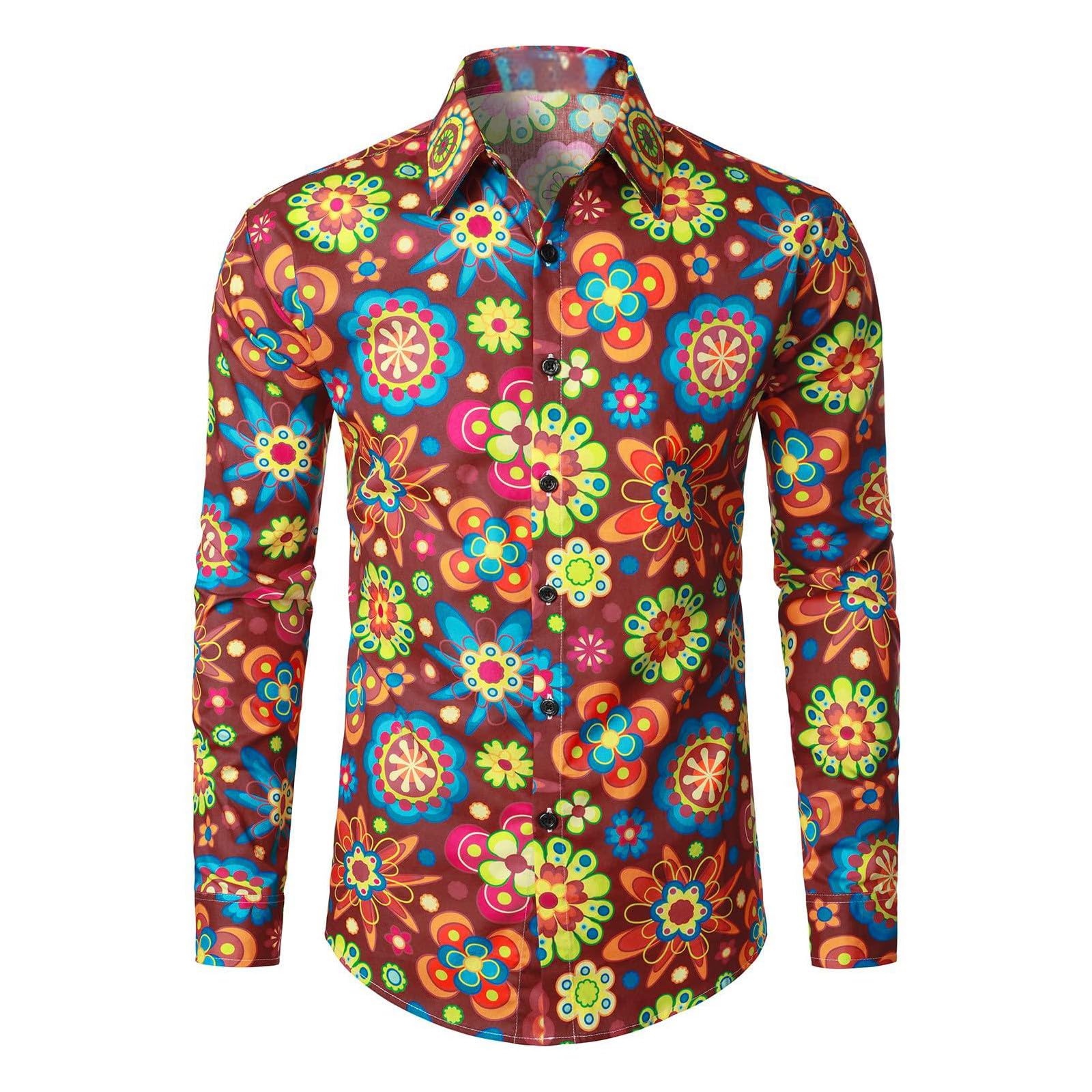 70er Jahre Outfit Herren Hippie Hemd 80er Jahre Disco Outfit Langarm Bunt Blumen Faschingskostüme Festliches Shirt Karneval Kostüm Freizeithemd Hawaiihemd Mit Knöpfen