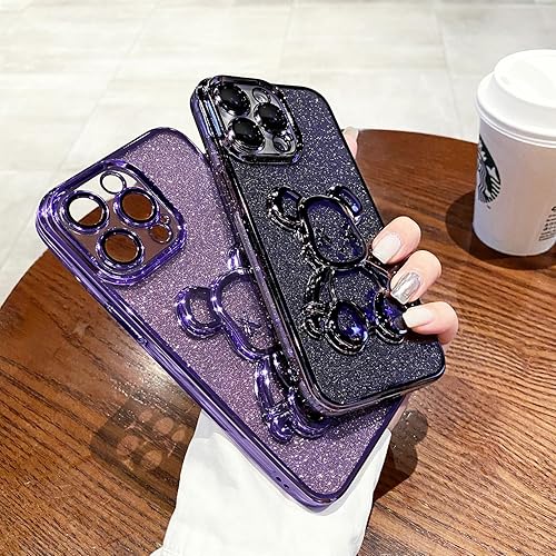 Miniatura 4 de MANLENO Funda galvanizada con diseño de oso 3D para iPhone 15 Pro Max para mujer, funda protectora de cuerpo completo con purpurina flotante y