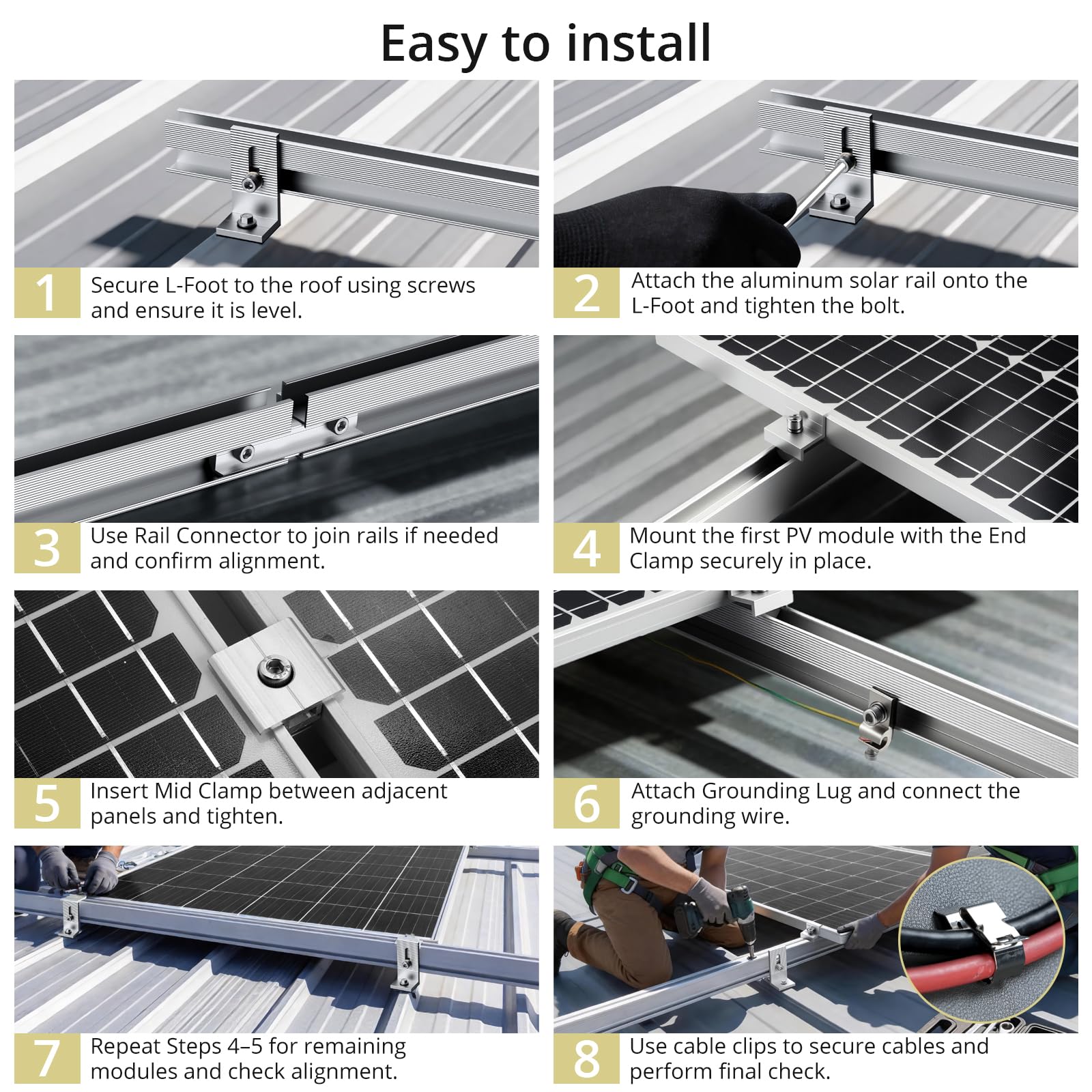 Anbte Kit de soporte para central de balcón para 4-5 módulos solares, incluye 8 rieles solares de 1,2 metros, 6 rieles cortos de 120 mm, 8 abrazaderas centrales de 30/35 mm y abrazaderas finales, para