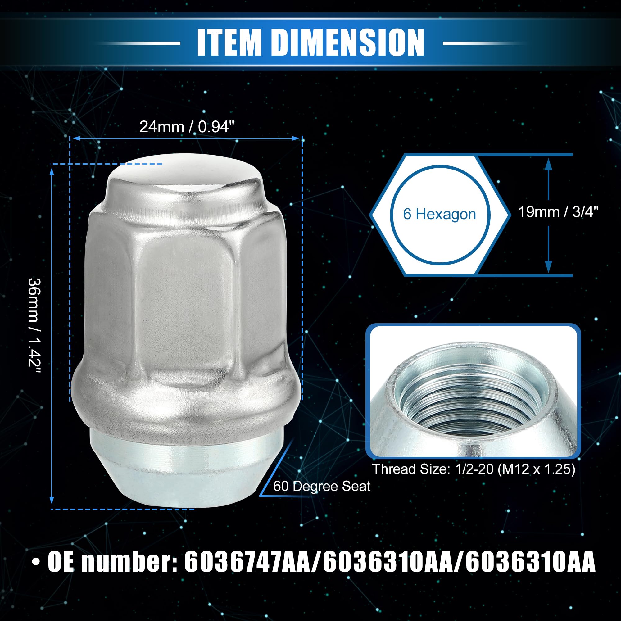 Écrous De Roue Pour Jeep Cherokee 84-01 10pc Acier Carbone | Pour Dodge, Pour Ram, Pour Volvo, Pour Chrysler, Pour Jeep Models, Filetage 1/2-20, Longueur 36mm, Hex 19mm, OE 6036747