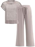 Women Two Piece Outfits Crochet Sheer Knit Sweater Top Wide Leg Pants Lounge Matching Sets Sweatsuit Travel Clothes