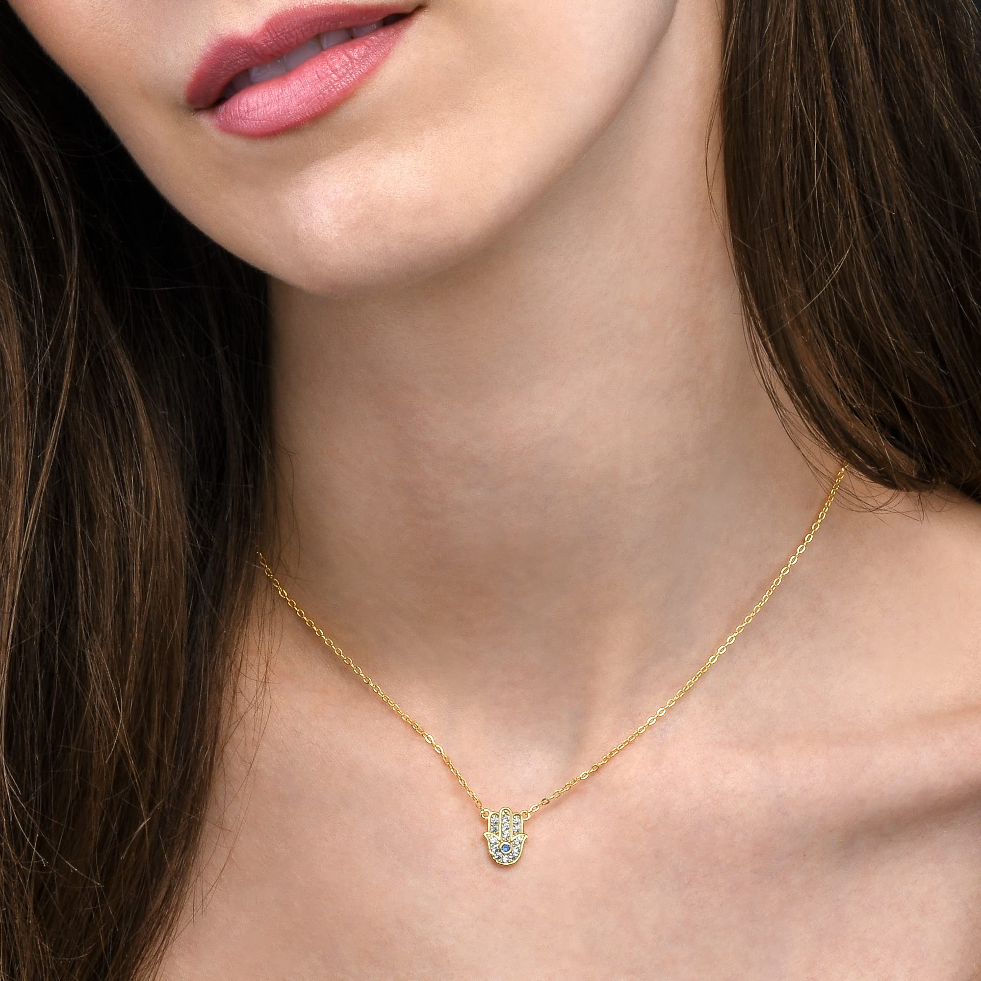 Diamond Treats Collana con Ciondolo a Forma di Mano di Fatima in Argento 925, Collana Hamsa per Donna e Ragazza con Pietre di Zirconi, Collana Donna in Argento, Oro Giallo o Oro Rosa