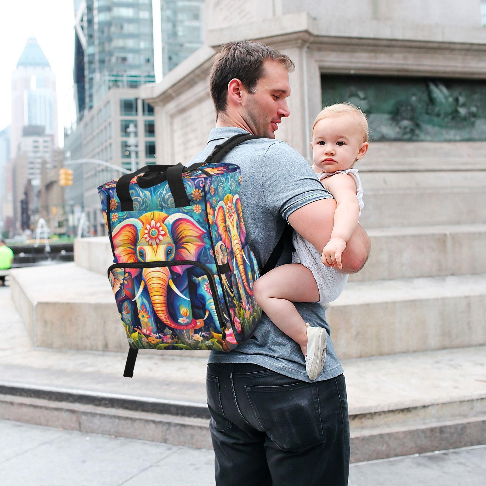 Elefante Colorido Floral Adornado Mochilas de Pañales para Gran Capacidad Pañal Bolso Mochila para Viajar al Aire Libre Mamá y Papá