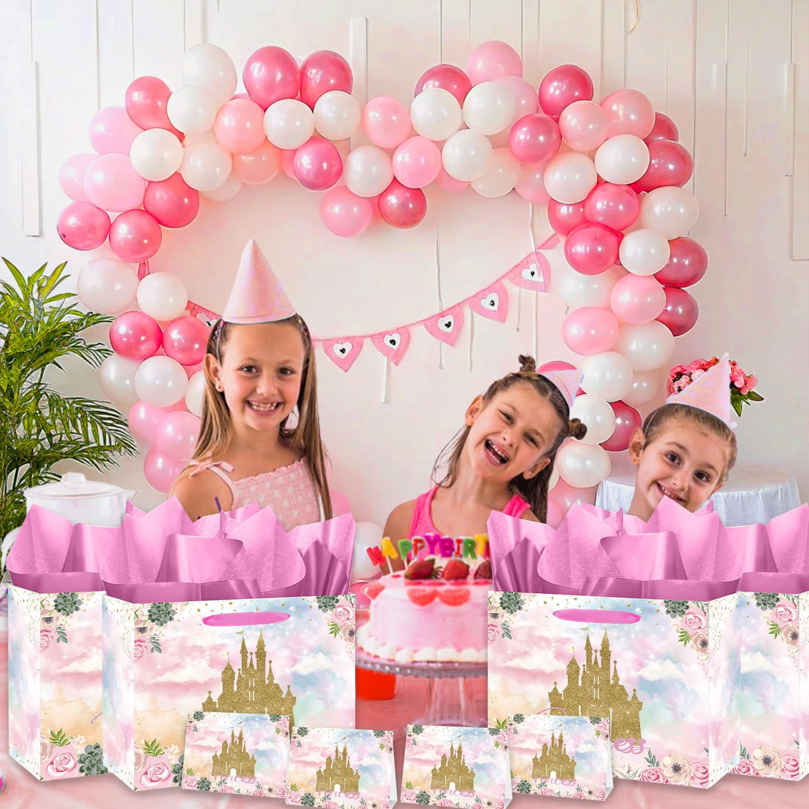 Large Princess Gift Bag Princess Castle Party Favor Bag with Tissue Paper and Cards Princess Candy Goodie Bags Prince Princess Treat Gift Wrapping Paper Bags for Girl Birthday Party Decorations