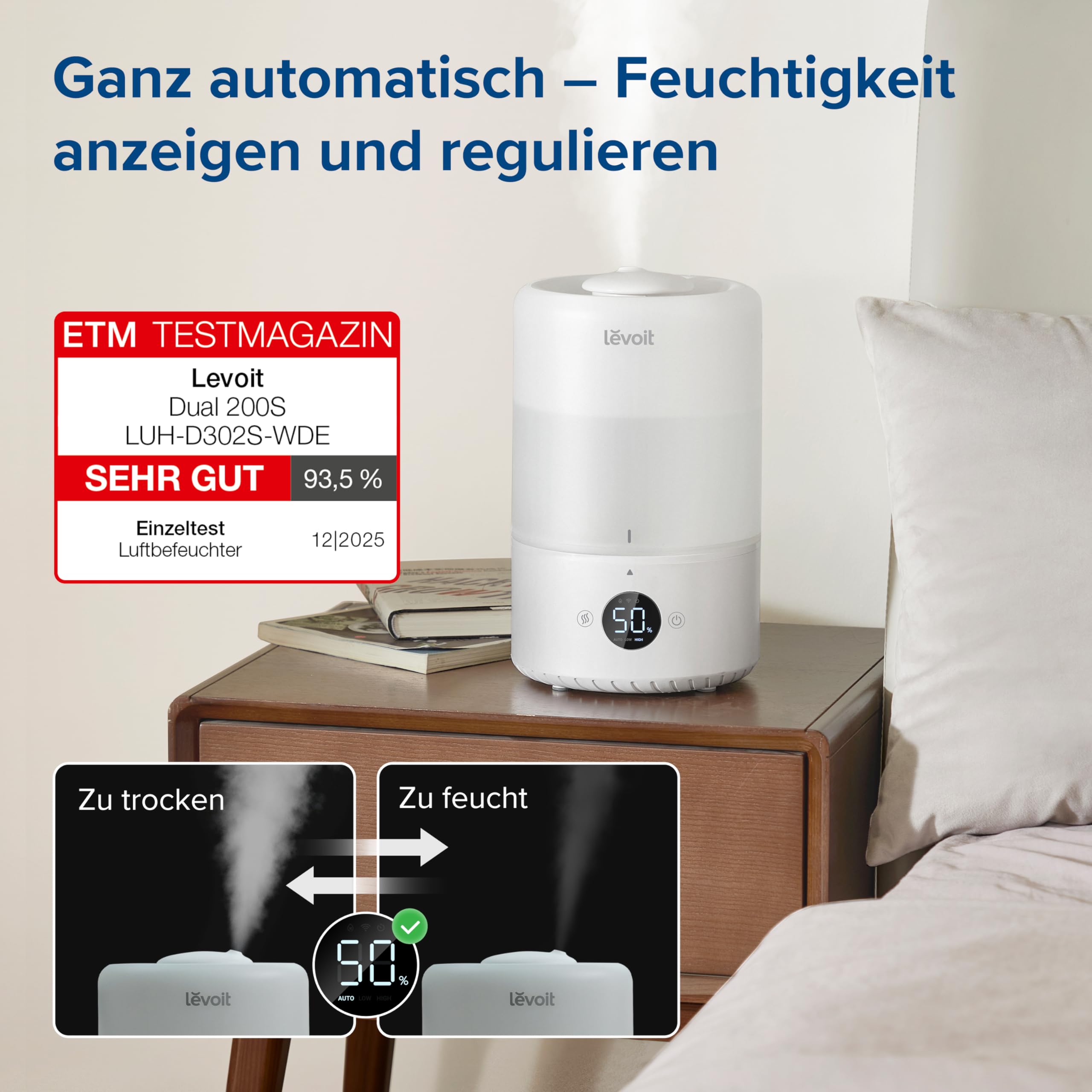 Levoit Smart Luftbefeuchter Schlafzimmer, 20dB, Top-Fill für Baby, 3L | Luftfeuchtigkeit Sensor, Raumbefeuchter für Kinderzimmer Pflanzen, 360°Drehdüse, bis 25 Std., Cremeweiß