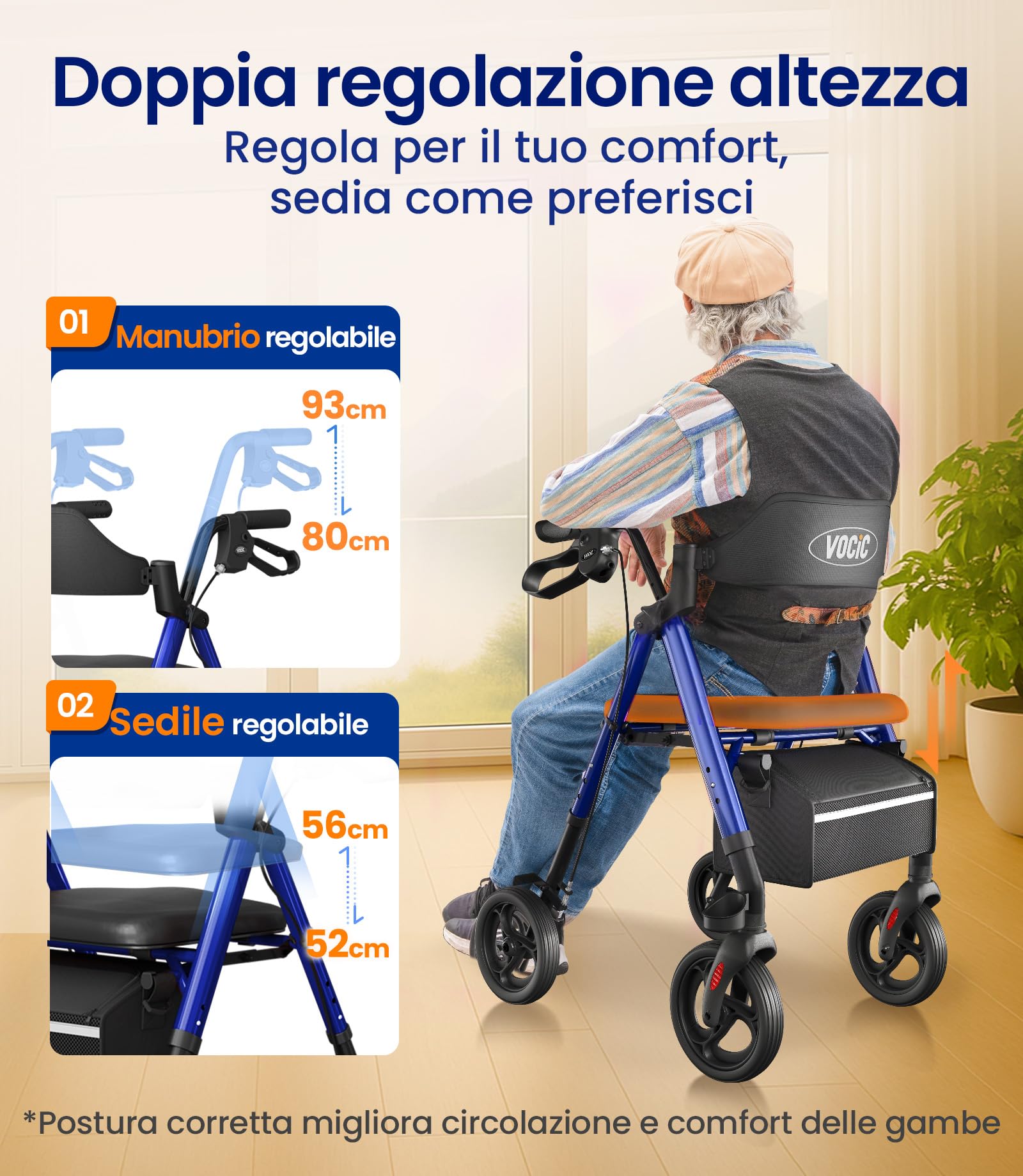 VOCIC deambulatore per anziani 4 ruote,Girello in alluminio leggero con seduta,Rollator pieghevole per alle terrenne, Altezza sedile regolabile,Per esterno e interno,Blu Zaffiro | 5 anni di garanzia