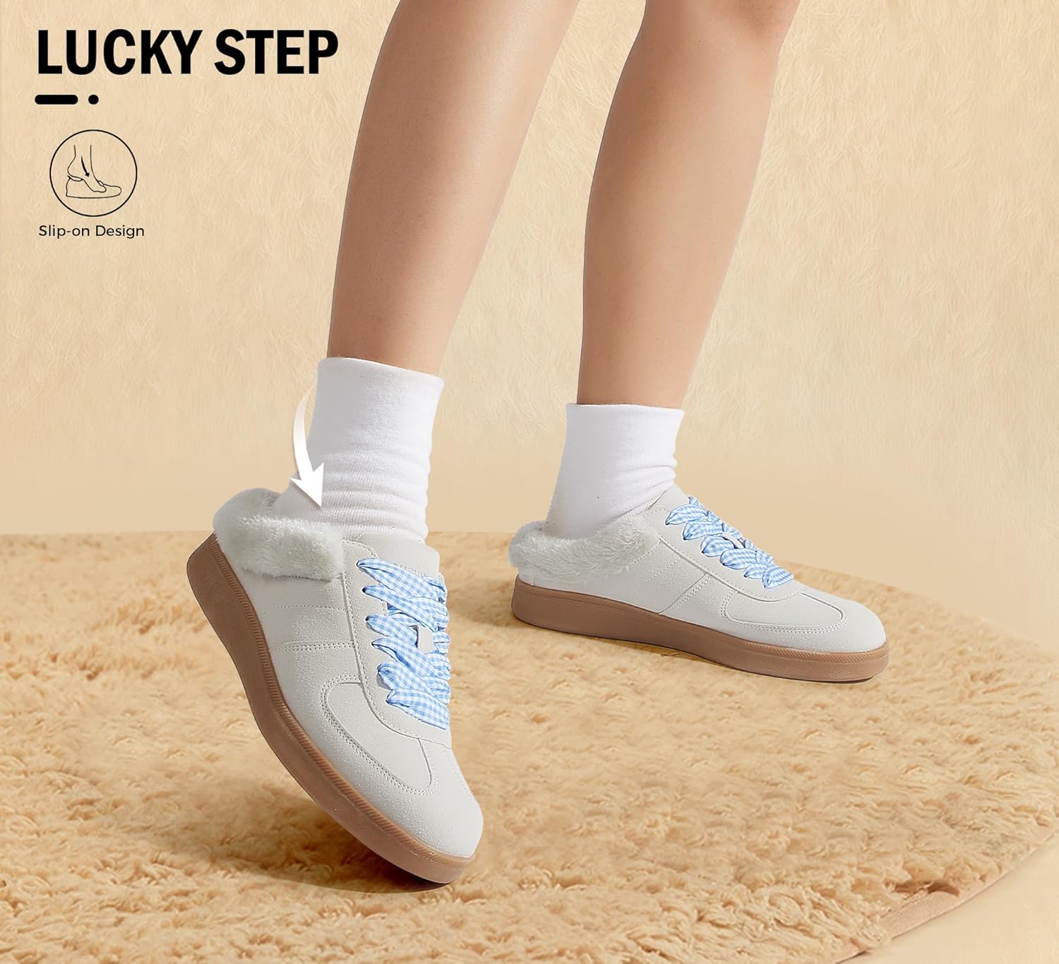 LUCKY STEP Women's Mule Fashion Sneakers Fur Lined Classic Retro Casual Shoes Slip On Backless Comfy Winter Tennis Walking Anti Slip Sneaker - Image 2