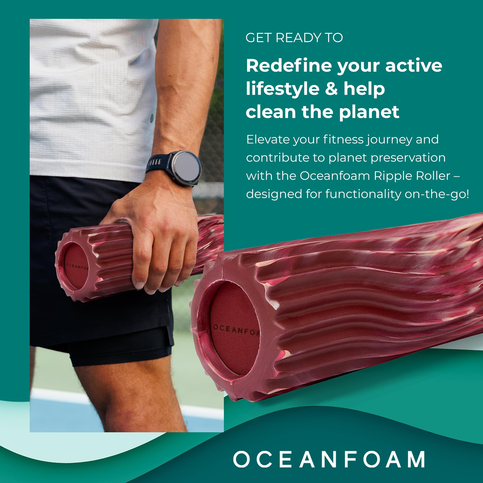Oceanfoam Ripple Roller - Rodillo de espuma de masaje muscular para dolor de espalda y estiramiento, textura ondulada ergonómica, yoga, atletismo y bienestar, compacto, 11 x 3.35 pulgadas, granate,