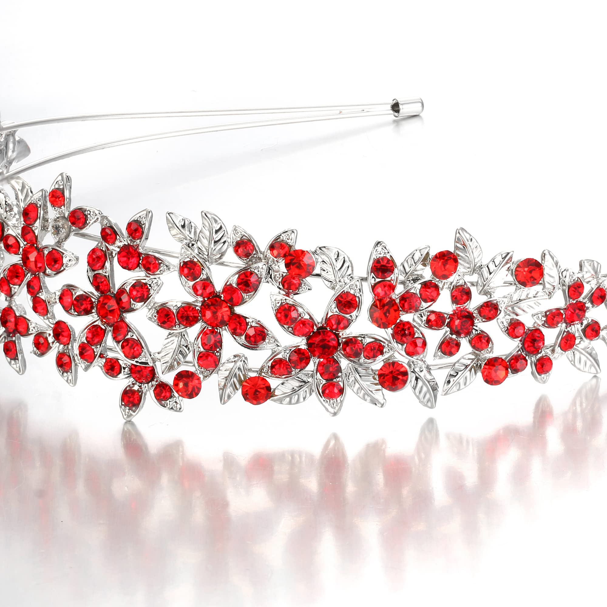 EVER FAITH Tocados de Boda de Cristal Austriaco para el Cabello, Diadema de Novia con Racimo de Flores para Rojo Tono Plateado