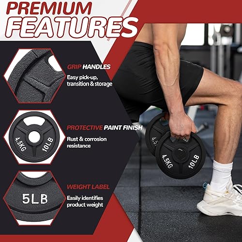 Miniatura 6 de Fitvids Placa de pesas olímpica de 2 pulgadas y de hierro fundido estándar de 1 pulgada para entrenamiento de fuerza y levantamiento de pesas,