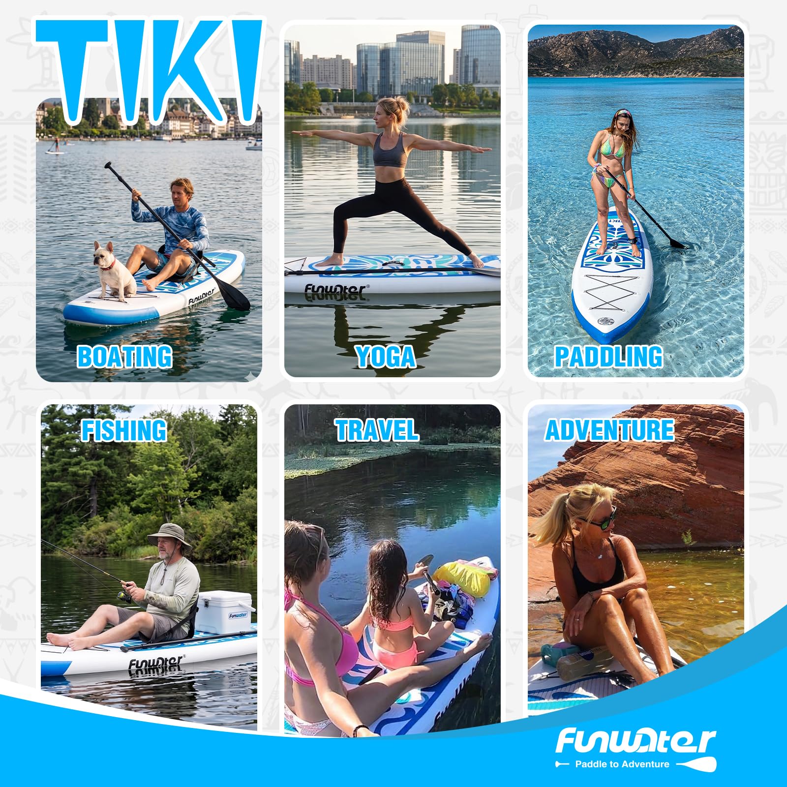 FunWater Deska do wiosłowania 10'6" i 11'6", wielofunkcyjna deska do wiosłowania z płetwami, liną kostną, pompką SUP, wiosłem, plecakiem Sup, na wszystkie poziomy umiejętności