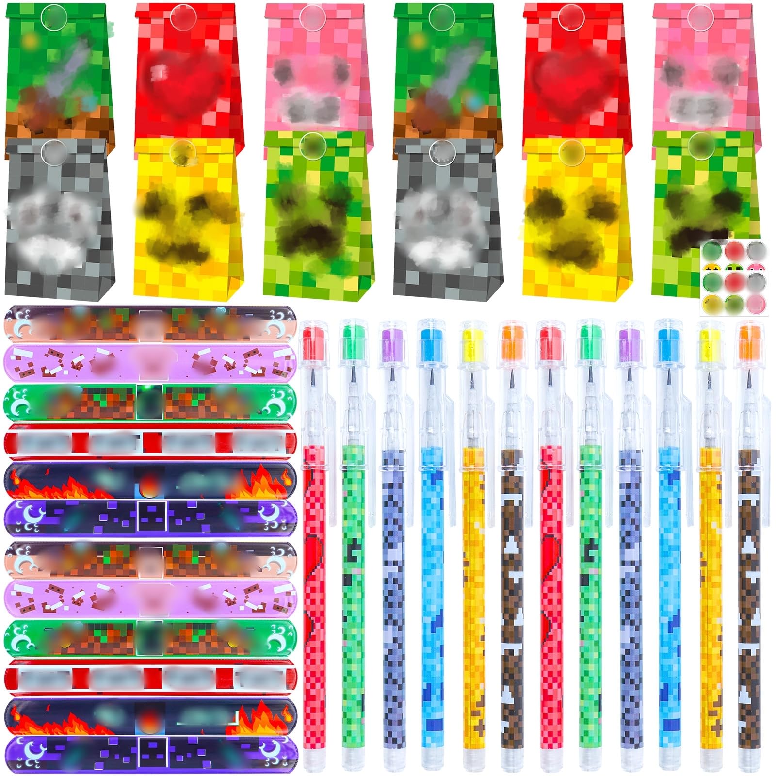 yumcute 48 Pcs Miner Video Game Party Bag Fillers, Children's Birthday Party Favours Set with Gift Bags, Sealing Stickers, Bracelets & Pens for Kids, Pixel Theme Giveaways Decorations