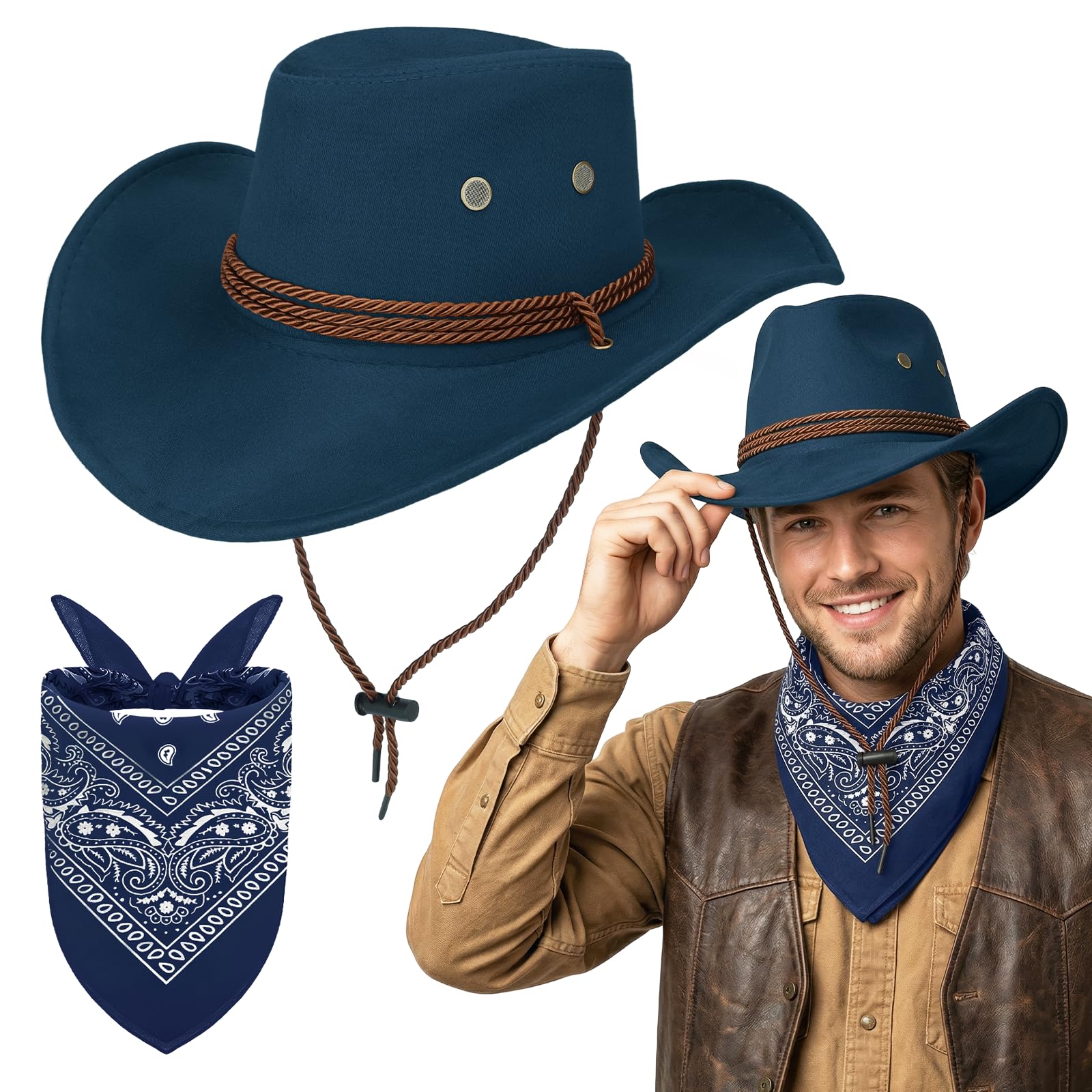 Wynlora Unisex Cowboy Hat & Bandana Set, Wild Western Wide Brim Hat with Neck Scarf Cowboy Accessories for Fancy Dress Festivals Halloween Party — image 1