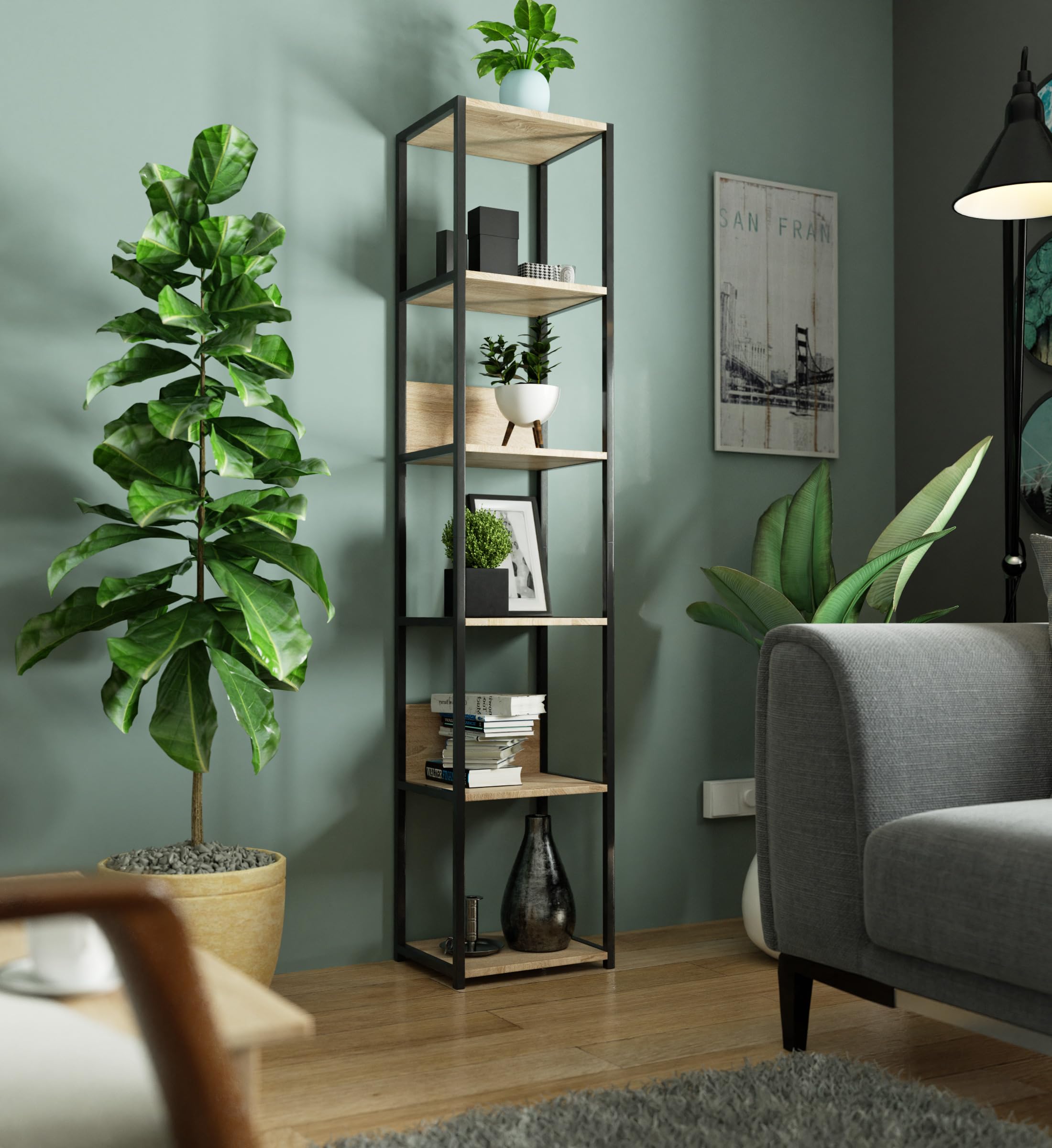 BDW Scaffale Loft Moderno in Metallo - Scaffale da Soggiorno - Scaffale in Stile Industriale - 6 Ripiani - Mobili Industriali - Vintage - Stile Industriale - 192x40x32cm - Nero/Rovere Sonoma