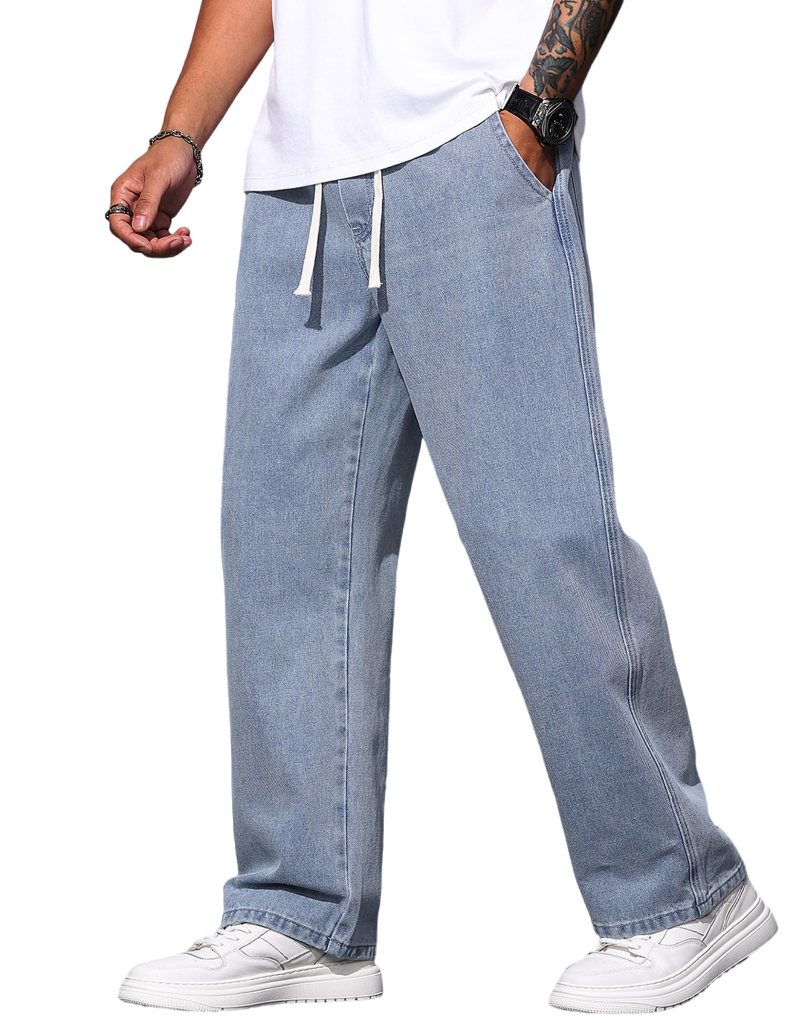 Mens Casual Jeans Regular Fit Denim Pants Straight Leg Jeans Elastic Waist Drawsting Trousers