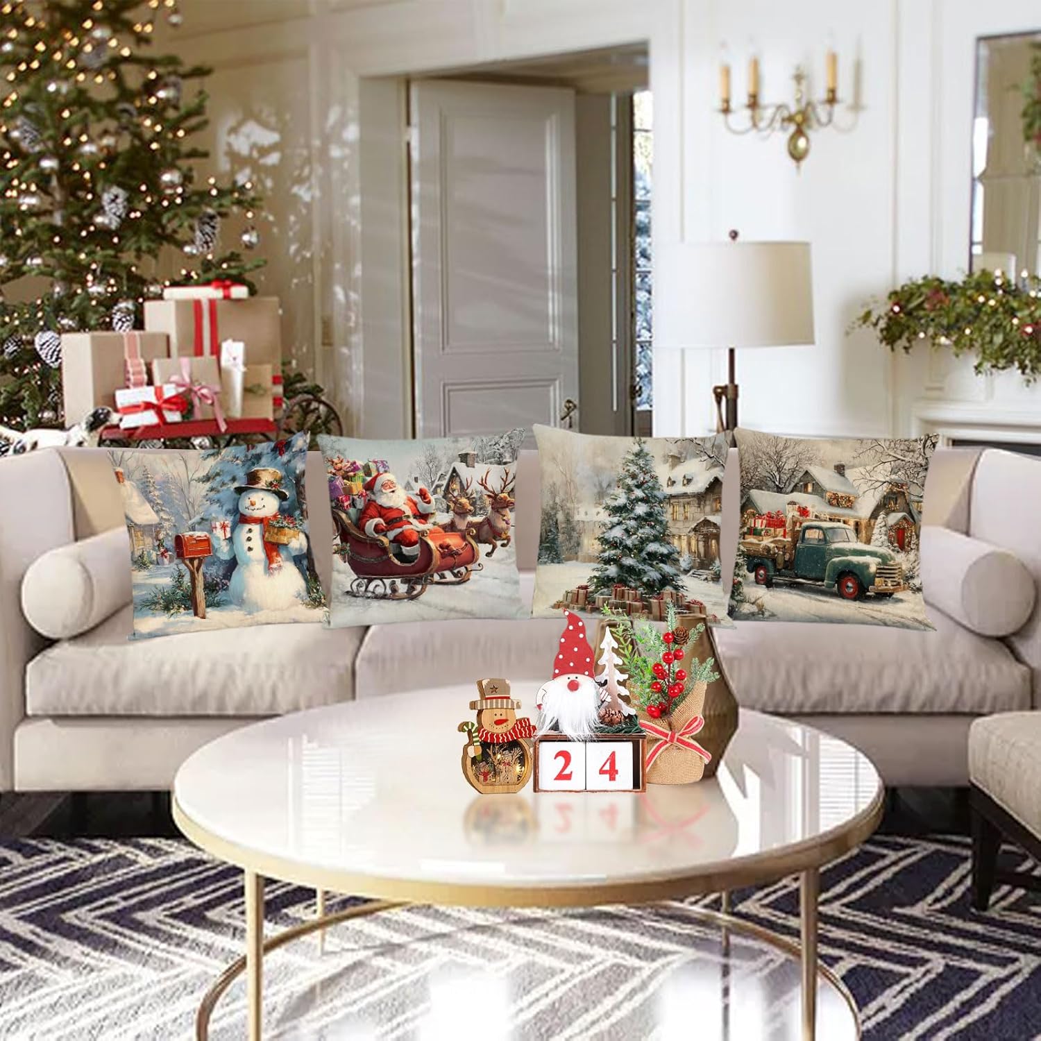 YeeJu Set of 4 Christmas Pillow Covers 24x24 Vintage Farmhouse Christmas Pillow Cases Red Xmas Holiday Cushion Covers Outdoor Couch Sofa Home Decorations(24)