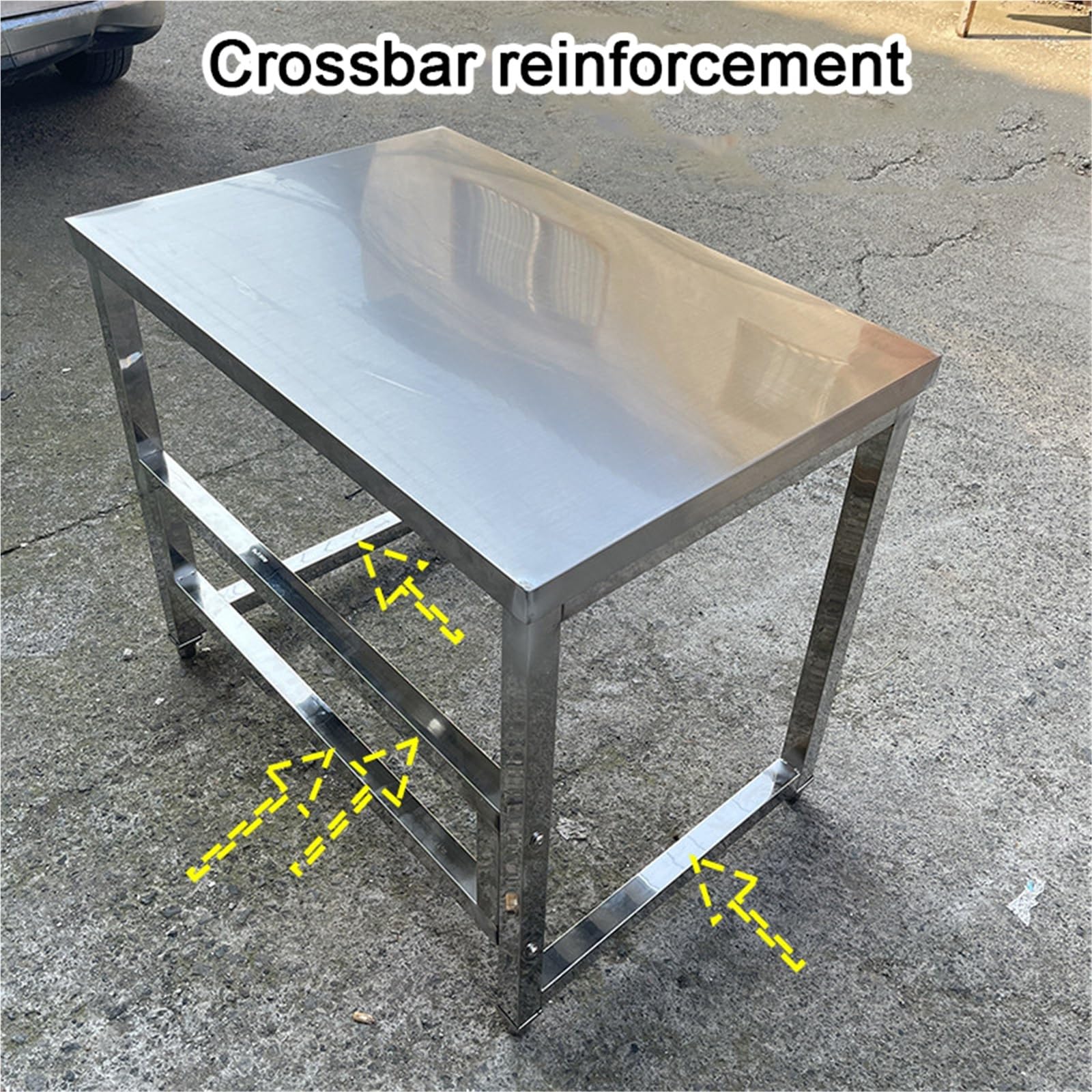 Stół warsztatowy ze stali nierdzewnej z regulowanymi nogami, wzmocnione belki poprzeczne, nierdzewne spoiny, wysokość 80 cm, idealny do użytku w kuchni hotelowej i komercyjnej