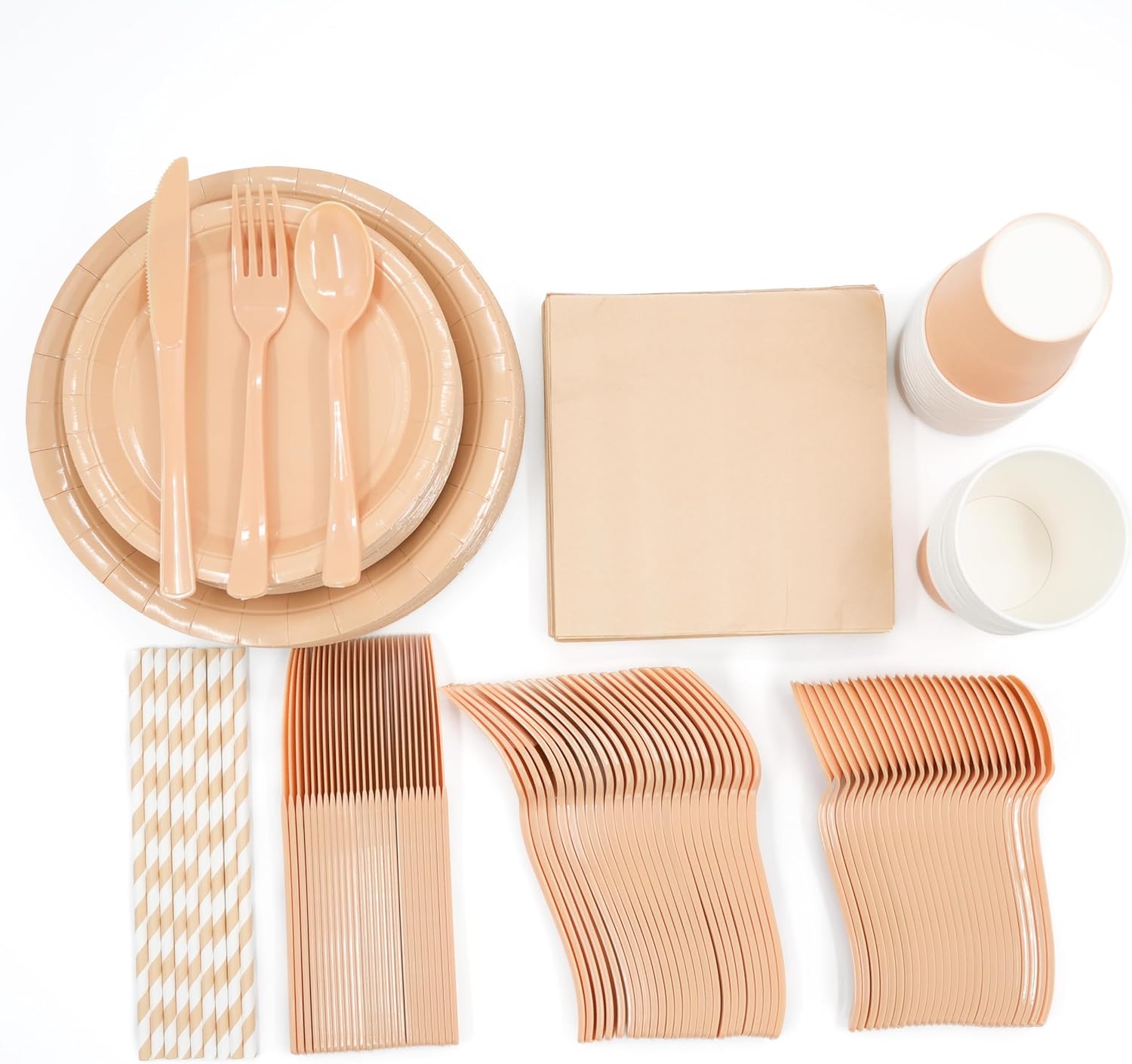 DX DENGXUAN 400-Piece Peach Party Set,Disposable Paper Plates Cups Plastic Spoons and Fork Knives Peach Napkin,Suitable for 50 Guests,Disposable Party Tableware Set,Wedding Birthday Party.