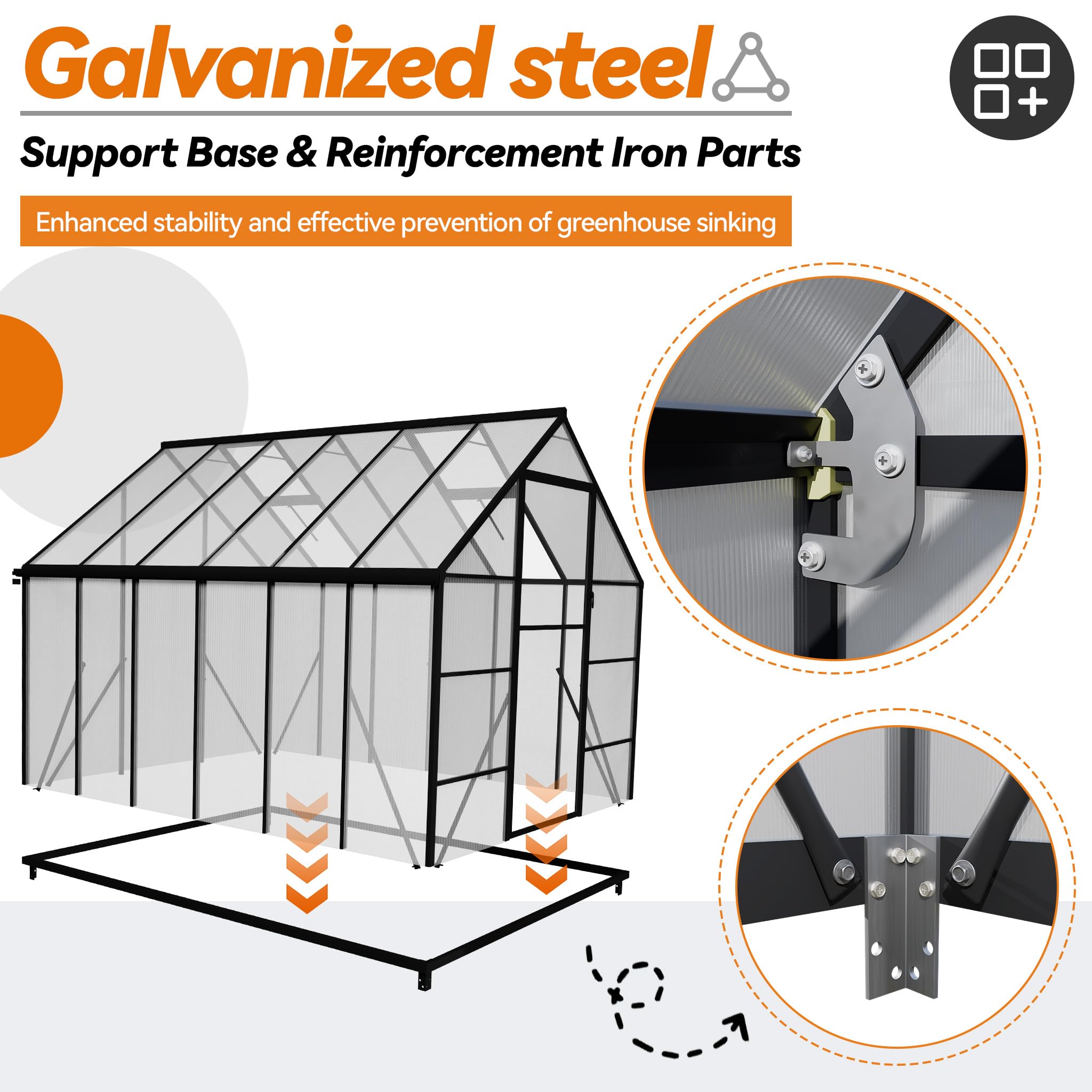 Gewächshaus Aluminium, Treibhaus mit Transparent PC Platten Dachfenster & Tür & Fundament, 125x180x195cm Winterfest Gartengewächshäuser, Begehbares Pflanzenhaus für Garten Outdoor