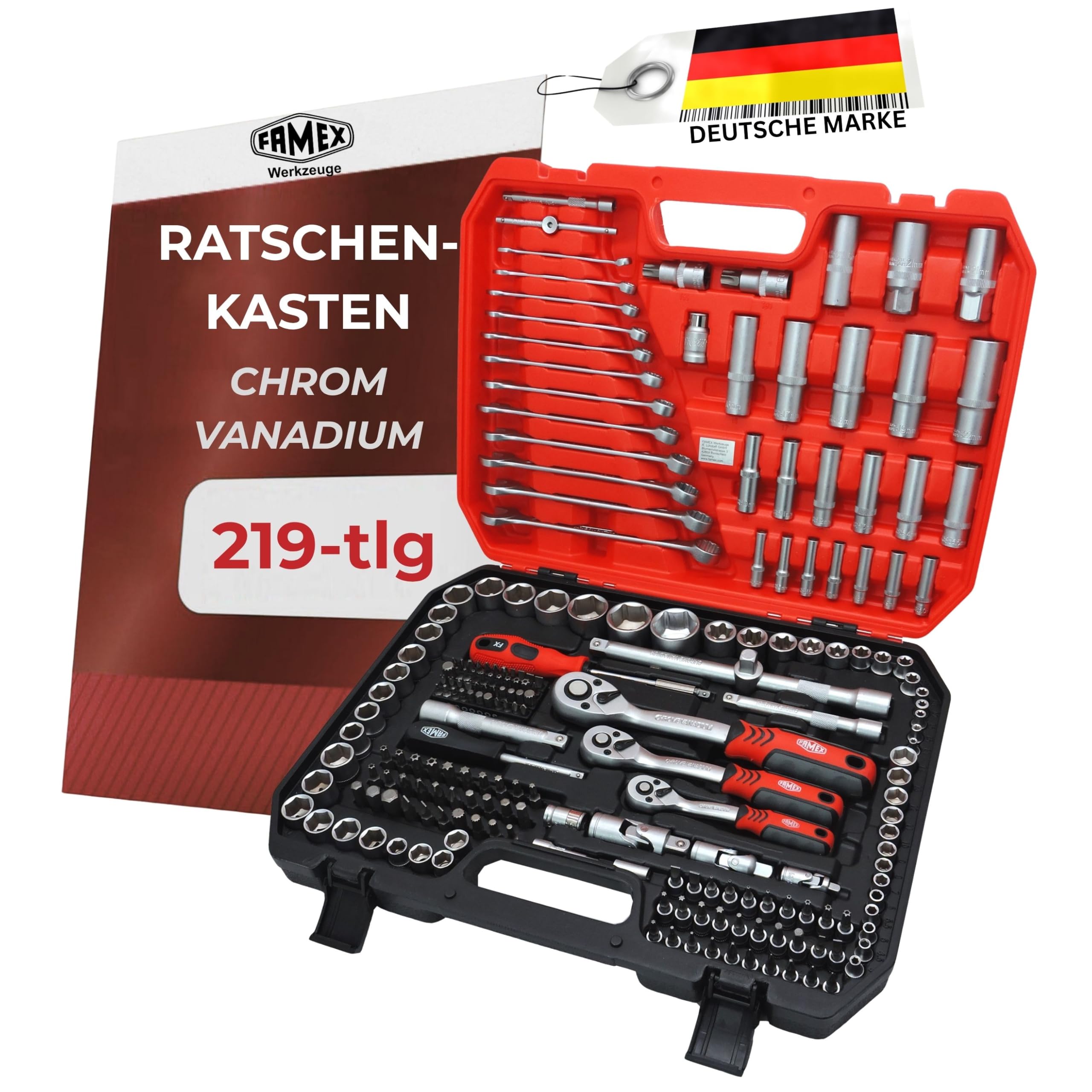 FAMEX 555-50 Steckschlüsselsatz 219-tlg. - 1/4 Zoll, 3/8 Zoll, 1/2 Zoll - alle Werkzeuge CV-Stahl - Werkzeug Set mit 3 Feinzahnknarren - Ratschenkasten, Ring-Maulschlüssel DIN 3113, Stecknüsse, Bits