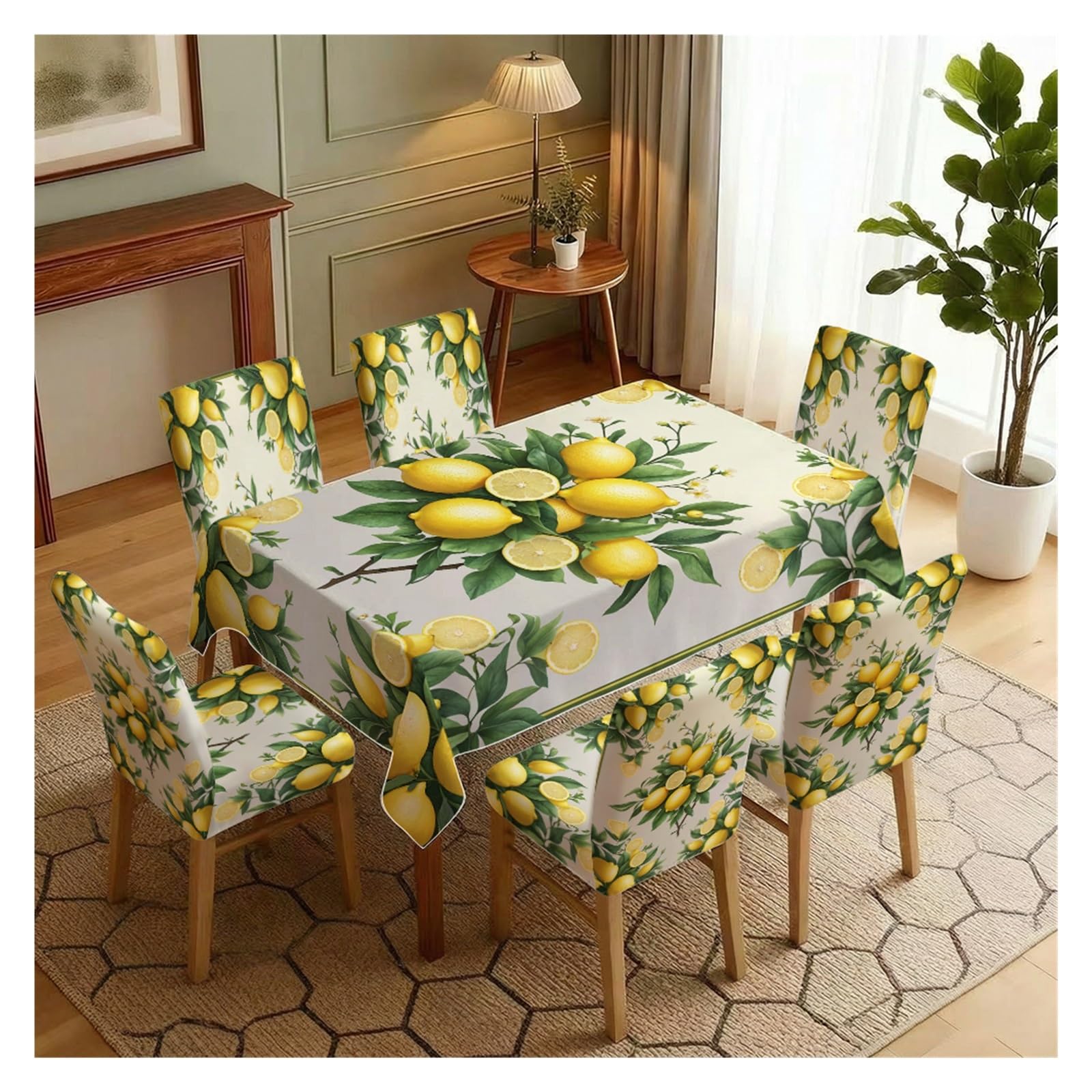 KXUAUV Lemon Print Stretch Dining Chair Covers & Tablecloth Set, 5/7 Pack Party Decor(7pcs Set: Tablecloth+Chair Covers)