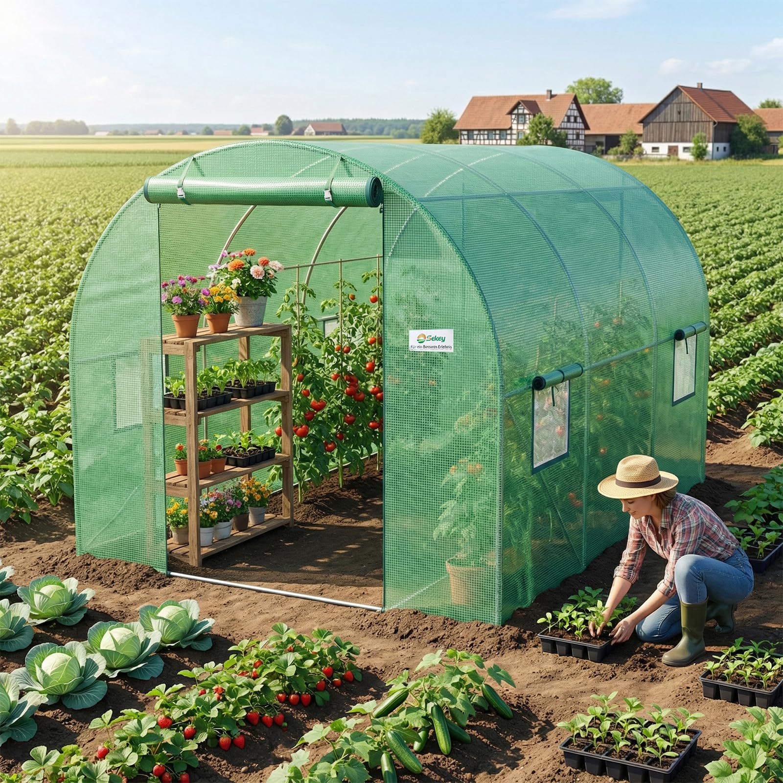 Sekey Ersatzfolie 3x2x2m für Folientunnel – 140g/m² PE Gitterfolie mit 4 Fenstern & 2 Türen – UV-beständig & Reißfest – Ersatzabdeckung für Treibhaus & Tomatenhaus (Grün, Ohne Gestell)