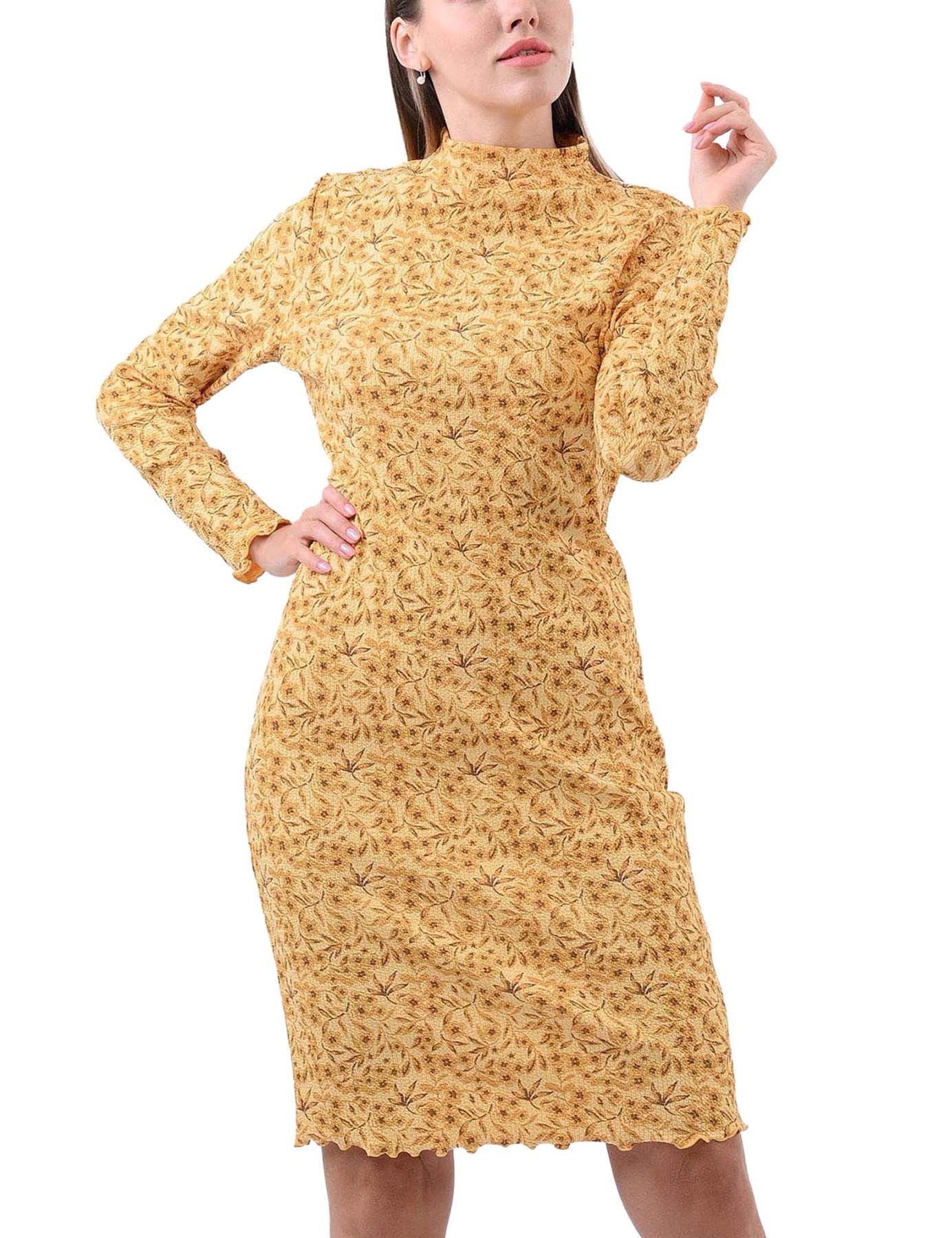 Enorsia Women's Yellow Crepe Ribbed Midi Floral Dress - Uk 12