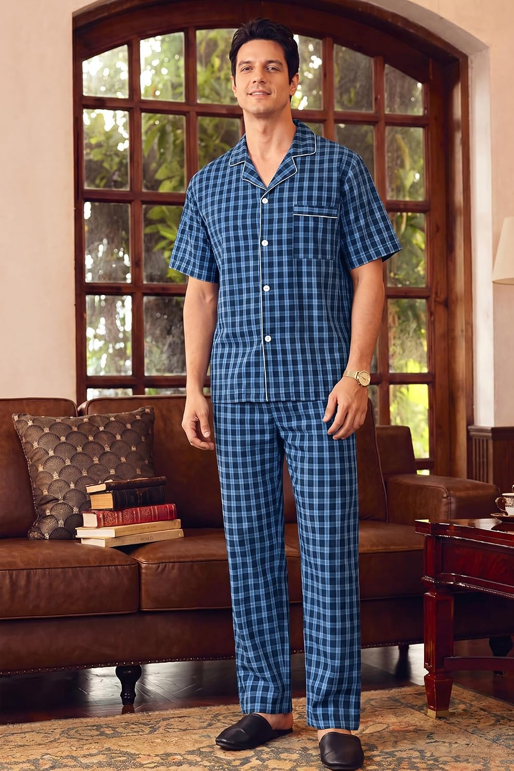 SWOMOG Mens 100% Cotton Pajama Set 2Pcs Button Down Pjs Set Short Sleeve Sleepwear with Long Pants Soft Stripe Nightwear