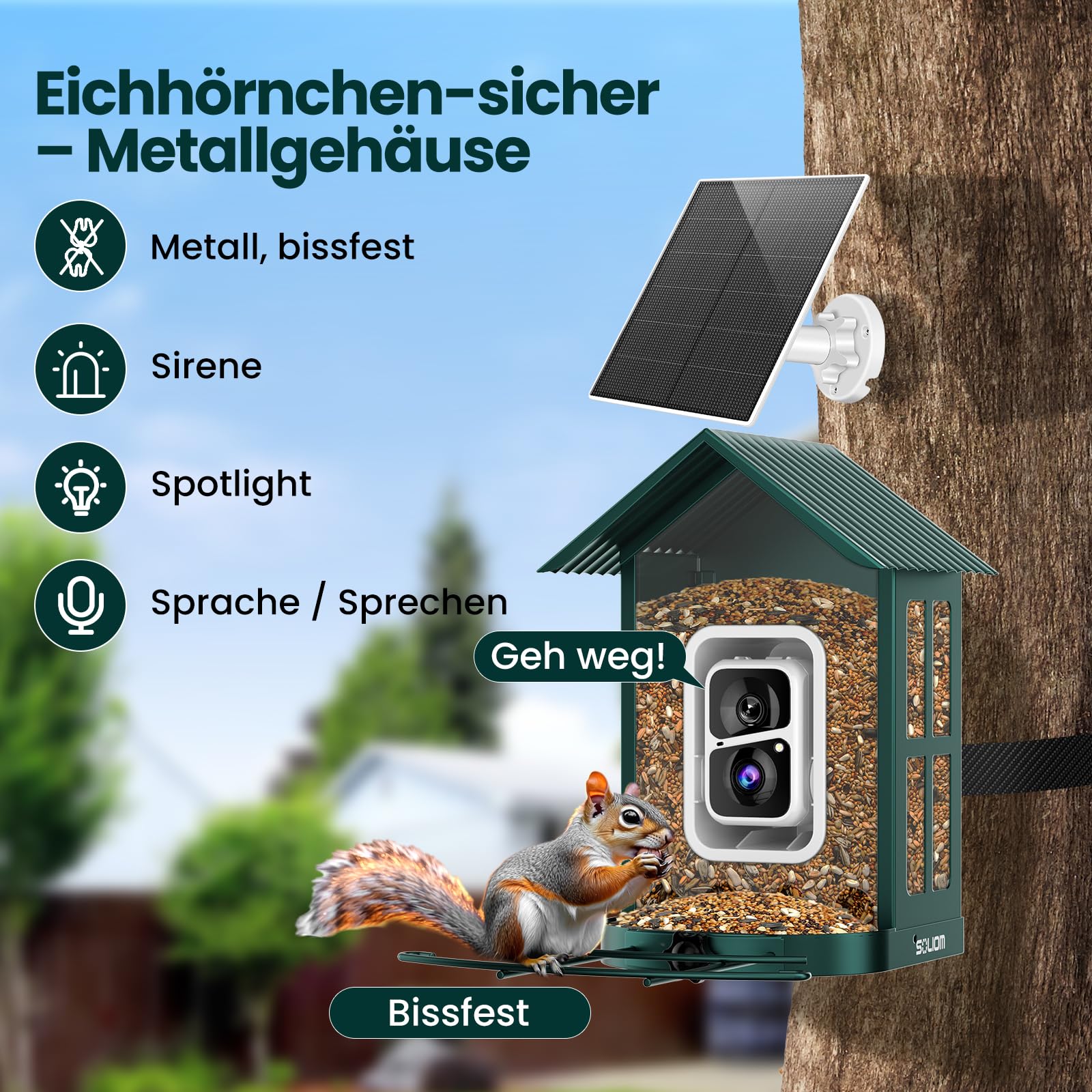 SOLIOM Vogelhaus mit Kamera,Vogelfutterspender für den Hinterhof, Vogelfutterhaus mit Video Aufnehmen,WiFi Kamera Smart Vogelfutterautomat mit Solarpanel Stromversorgung & KI-Vogelerkennung BF08