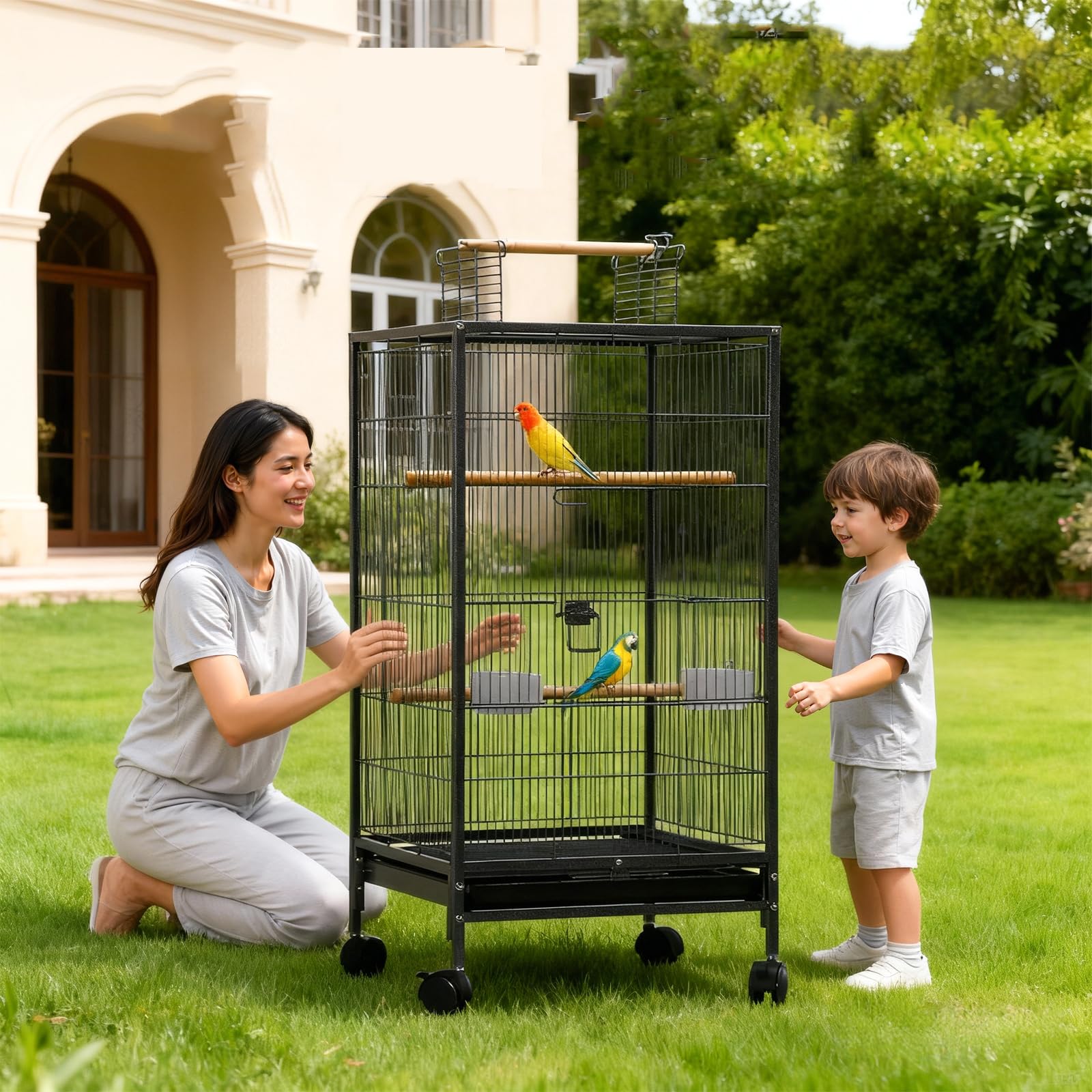 Vogelkäfig, 46 x 46 x 102 cm Großformat Vogelbauer mit Spieldach, Rollständer & Herausnehmbares tablett, Vogelvoliere mit 3 Sitzstangen, Futterstellen & Tränken für Wellensittiche Kanarien