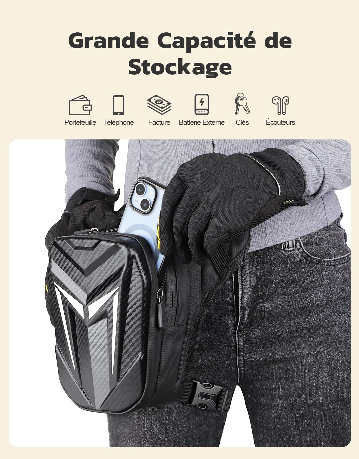 Mohard Sacoche de Jambe Moto, Sac d'Équipement Moto Jambe Réglable pour Femme Homme, Stockage Extensible & Bande Réfléchissante, Sac Banane Pochette Cuisse Multifontion pour Randonnée Cyclisme Pêche