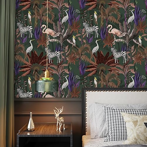 Miniatura 3 de CRE8TIVE Papel tapiz vintage de 24 x 118 pulgadas, diseño de animales de la selva tropical, hojas de bosque, cebra, pájaro, plantas, papel adhesivo