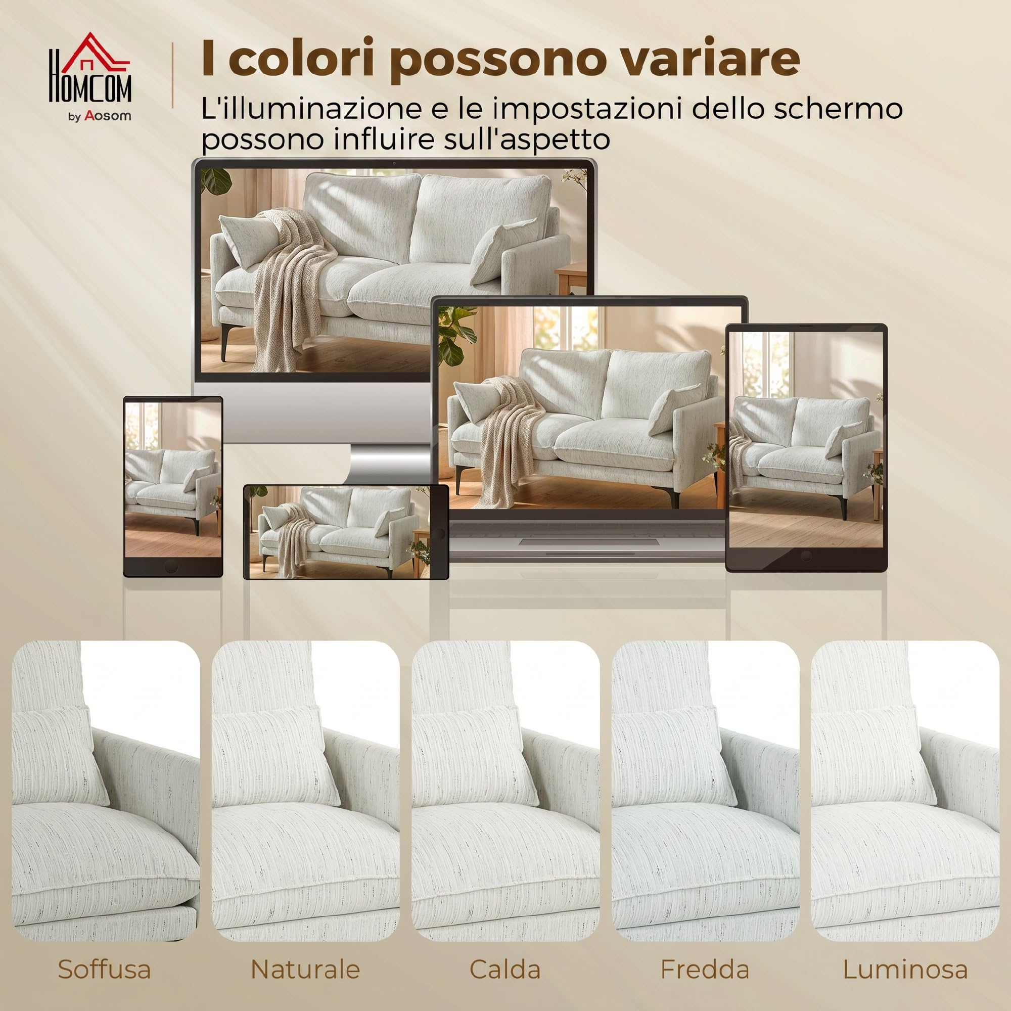 HOMCOM Divano 2 Posti Imbottito in Lino Traspirante con Filati Multicolore Delicati, Divanetto da Salotto con Imbottitura Spessa, Seduta Ampia Profonda, 2 Cuscini, Braccioli, 131x78x83 cm, Bianco