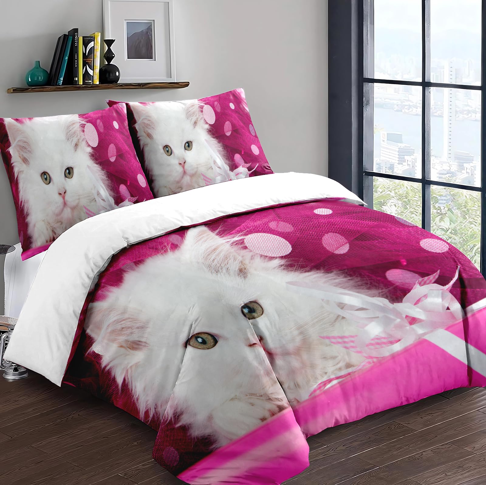 Yzehomijia Cat Duvet Cover Sets 200×200 cm, 3D Cat Print, 1 Pink Microfibre Duvet Cover + 2 Pillowcases 65×65 cm.(Cat1×200) - Image 3
