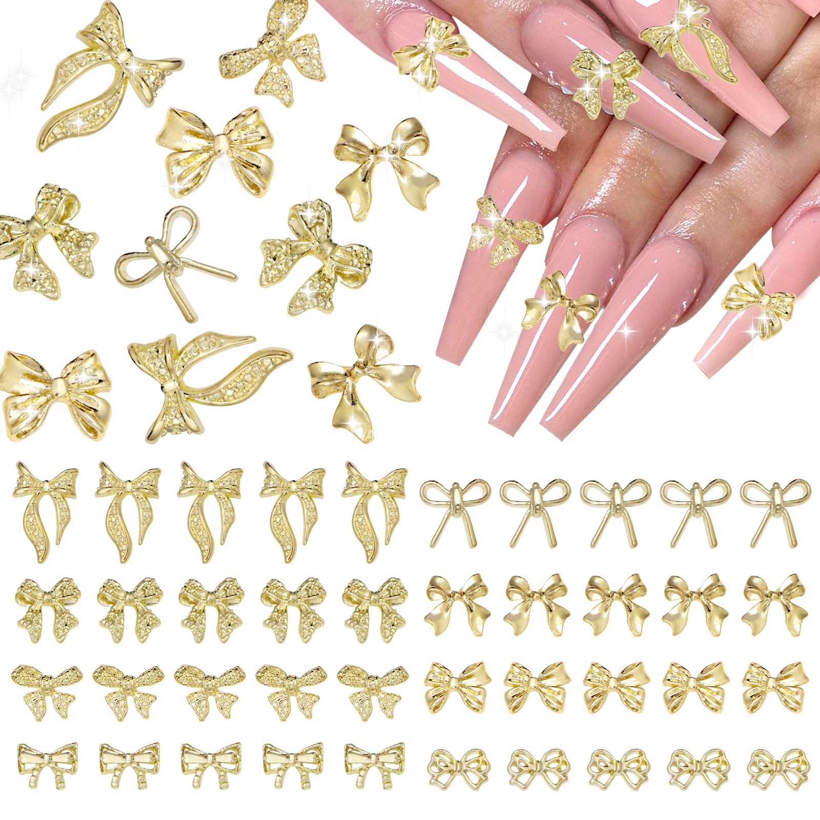 40Pcs Gold Metal Bows Nail Charms Alloy Bows Charm for Nail Art Accessories