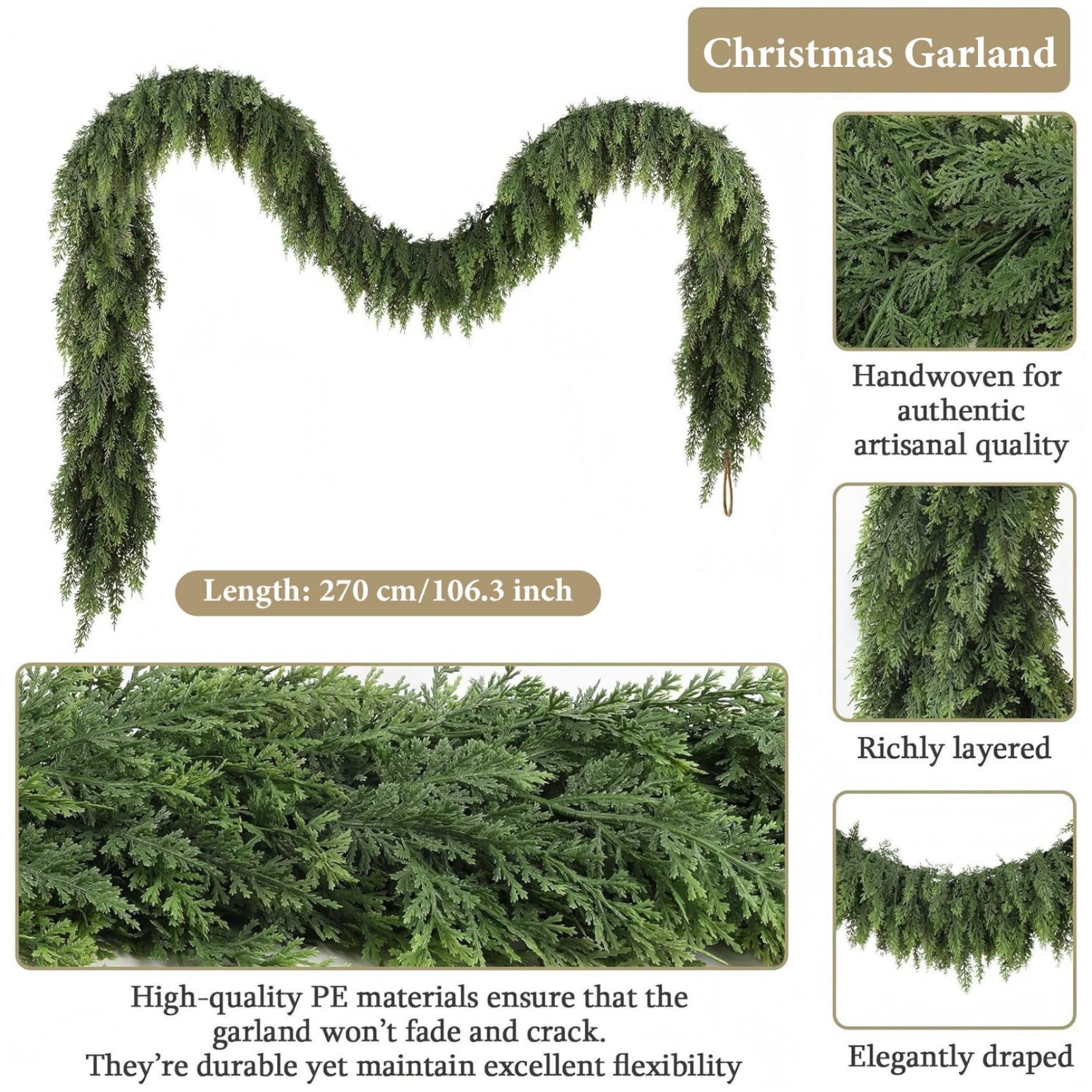 Guirlande de Noël en cèdre Artificiel Vert, PVC Souple, 2, 7 m, pour cheminée, intérieur ou extérieur