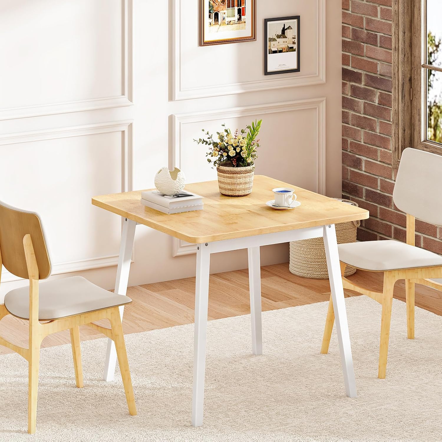 HOOBRO Bamboo Dining Table, Square Dining Table for 2, 27.6" Kitchen Table for Small Space, Writing Table, Easy to Assemble, for Dining Room, Living Room, Office, Kitchen, Natural and White YW70CZ01G1