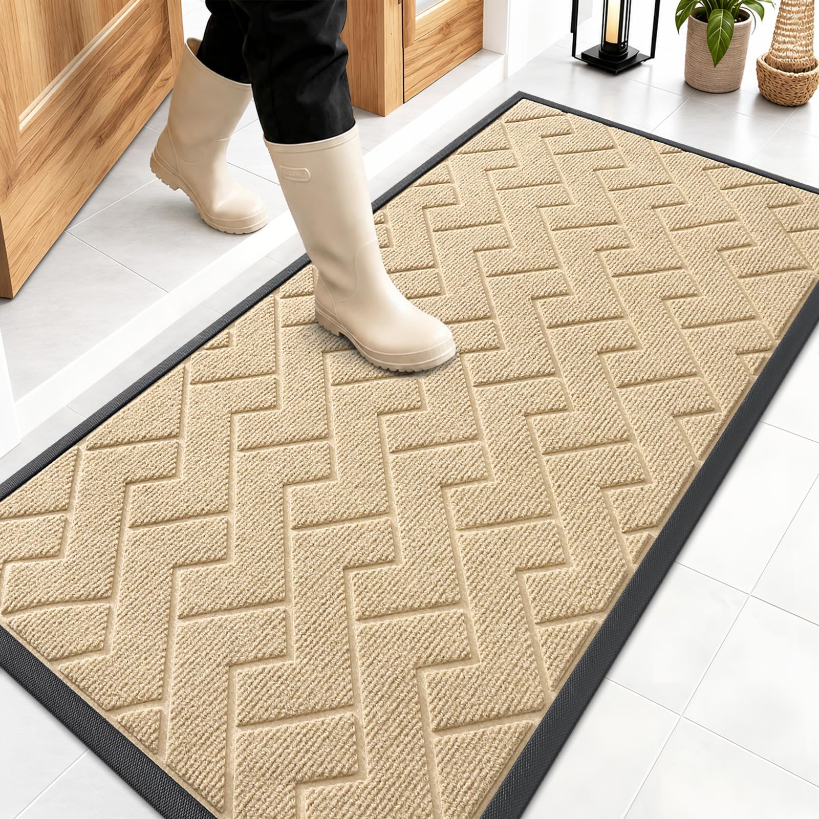OLANLY Front Door Mat Outside 47x23, All-Season Absorbent Rubber Doormat | Beige, Heavy-Duty, Stain and Fade Resistant, Waterproof Non-Slip Backing, Low-Profile Indoor Outdoor Floor Mat for Entryway