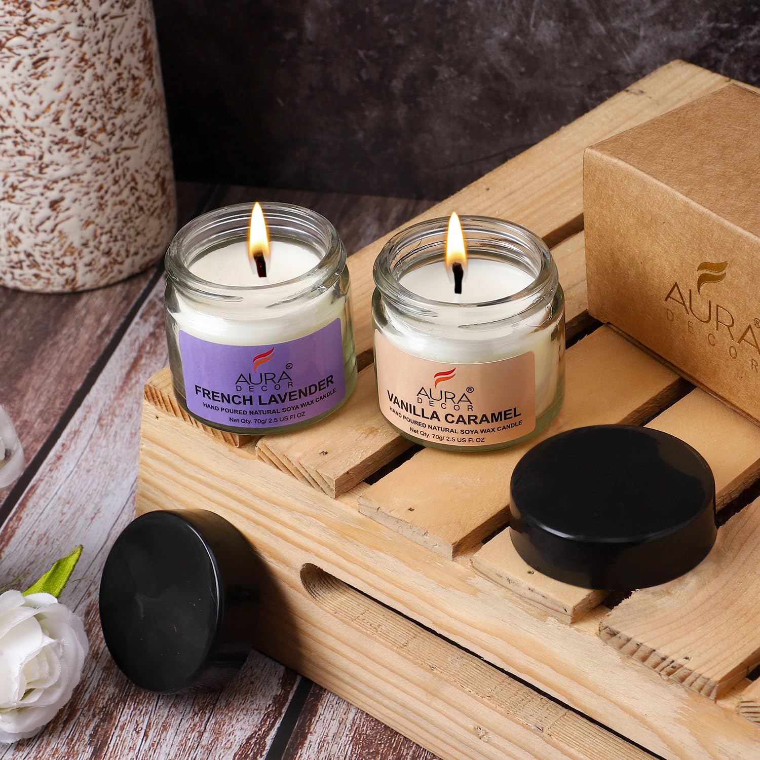 AuraDecor Scented Soy Wax Jar Candle Long-Lasting Aromatherapy Candles – Gift for Home, Office & Relaxation (French Lavender+Vanilla Caramel)