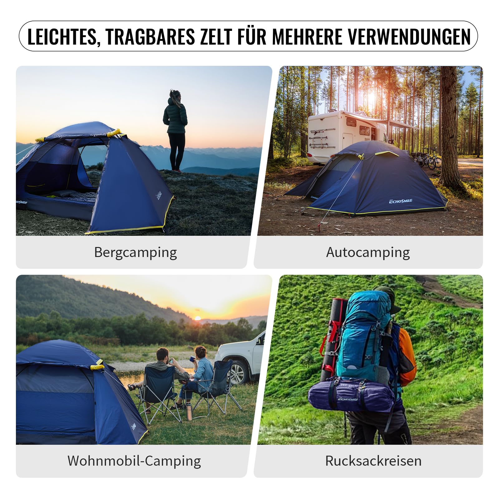 EchoSmile Zelt 3 Personen, Geräumiges Kuppelzelt für 3-5 Personen mit Erweiterbarem Raum, aufzubauendes Zelt für Picknick, Wandern und Outdoor Aktivitäten