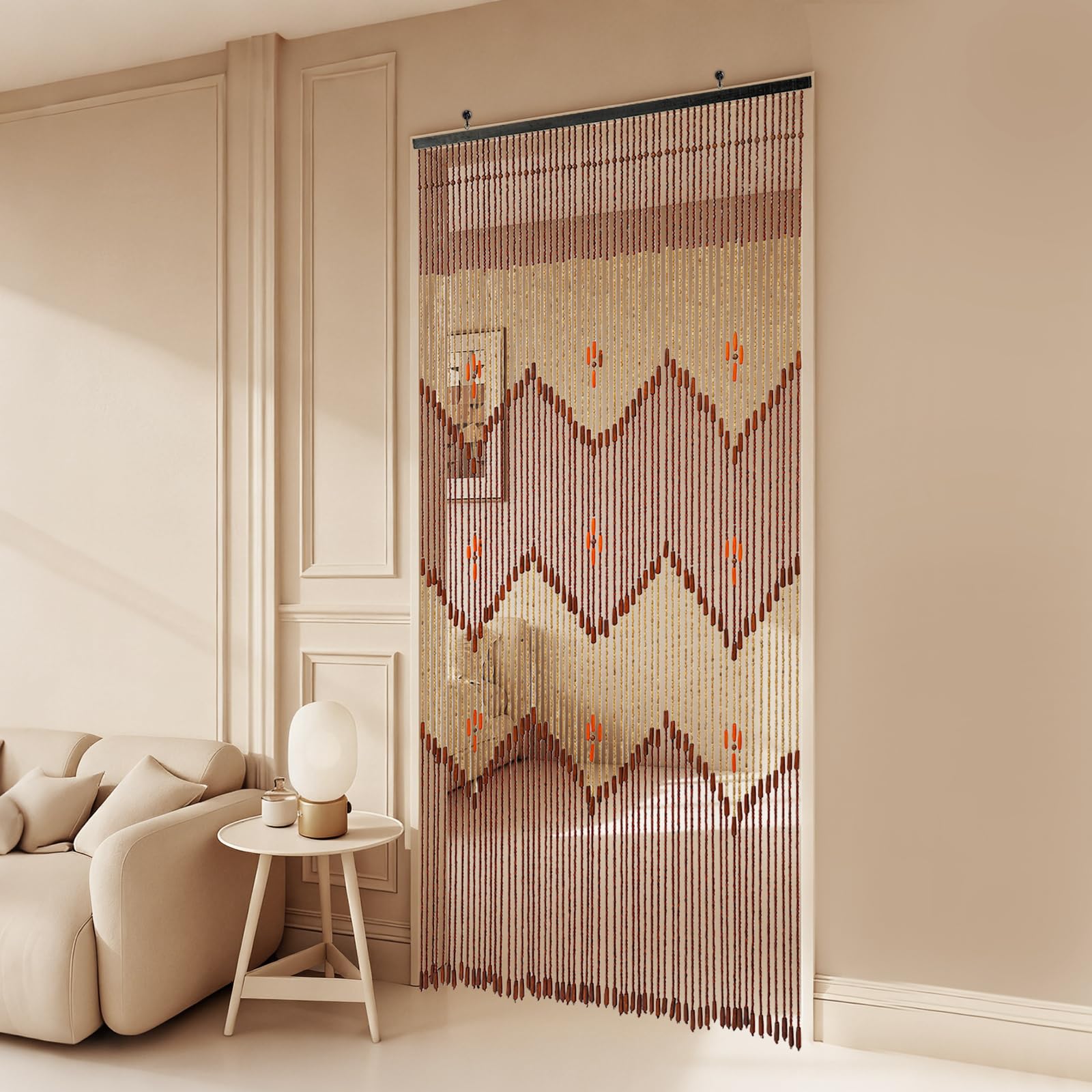 Rideau de Porte en Perles de Bois 90x194 cm, Rideau décoratif bohème rétro avec 60 brins, séparation de pièce pour Porte entrée Salon Chambre Balcon