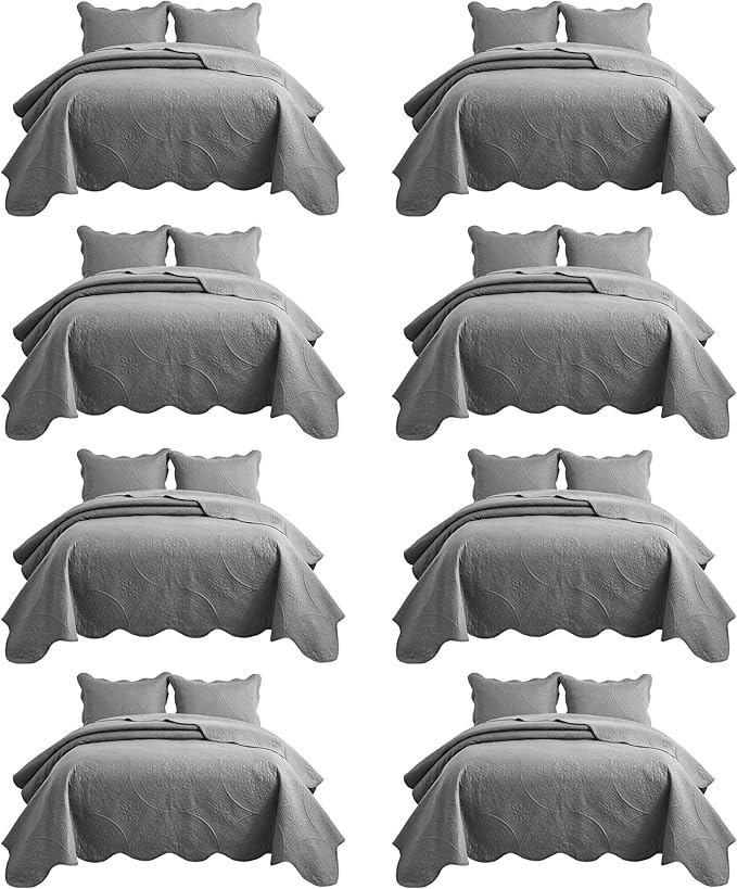 IR Imperial Rooms 8 Pack Quilt King Size Bedding (106" x 96") - Bulk Wholesale for Hotels, Guest Bedroom & Airbnbs - Lightweight Microfiber Reversible Floral Embossed Quilts Bedspreads (Grey)