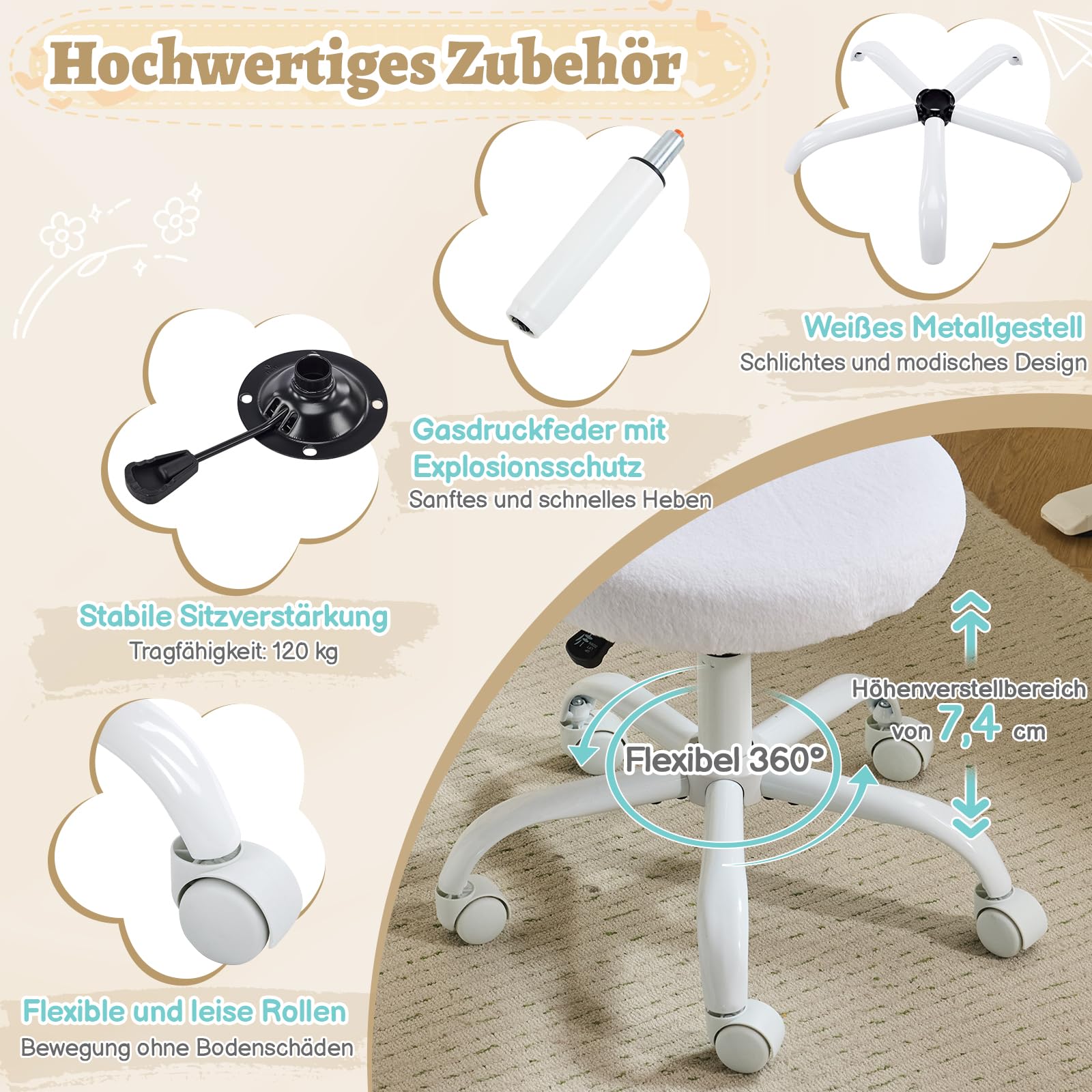 VINGLI Bürostuhl mit Rollen, Drehstuhl für mädchen Zimmer, Weiß