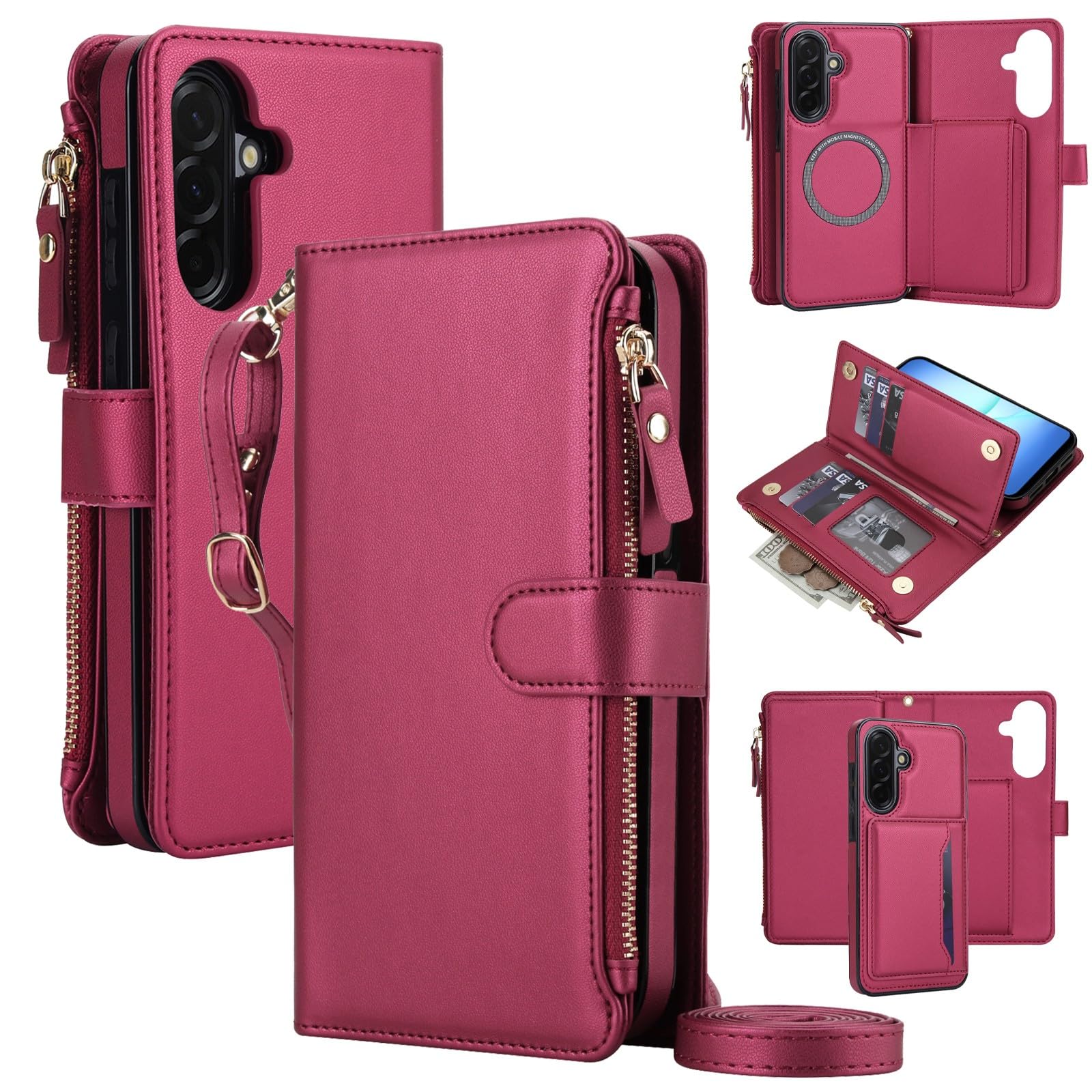 Generic Funda compatible con Samsung Galaxy A55 (color: rojo) funda de piel extraíble con tapa trasera con correa para el hombro