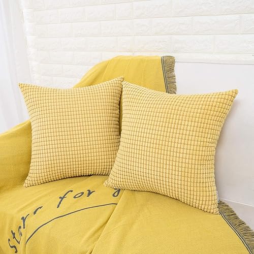 Miniatura 4 de HWY 50 Juego de 2 fundas de almohada decorativas de pana suave y sólidas, de 20 x 20 pulgadas, para sofá, sala de estar, color amarillo con textura