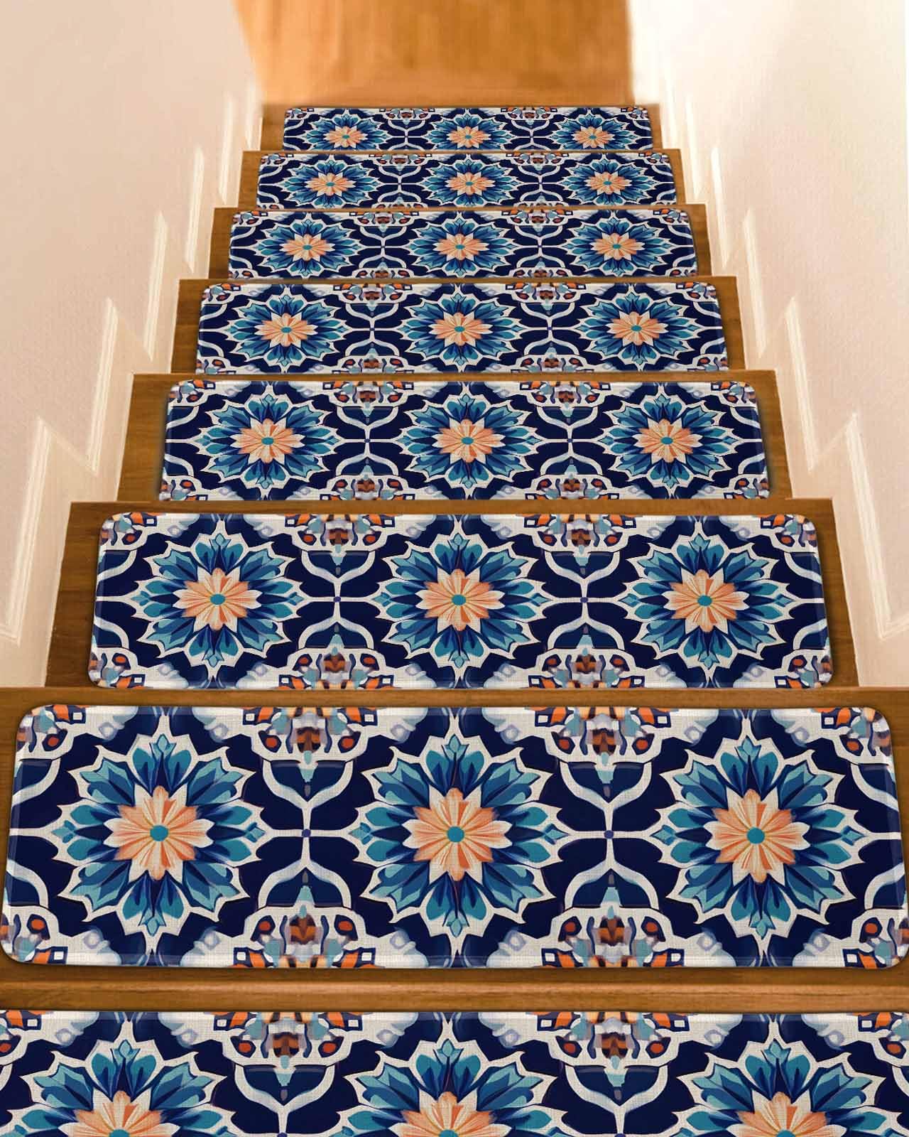 Orange Blue Stair Treads for Wooden Steps Indoor Runner Rug Carpet, Morocco Boho Abstract Floral Ethnic Tribal 10 Pieces Peel and Stick Staircase Step